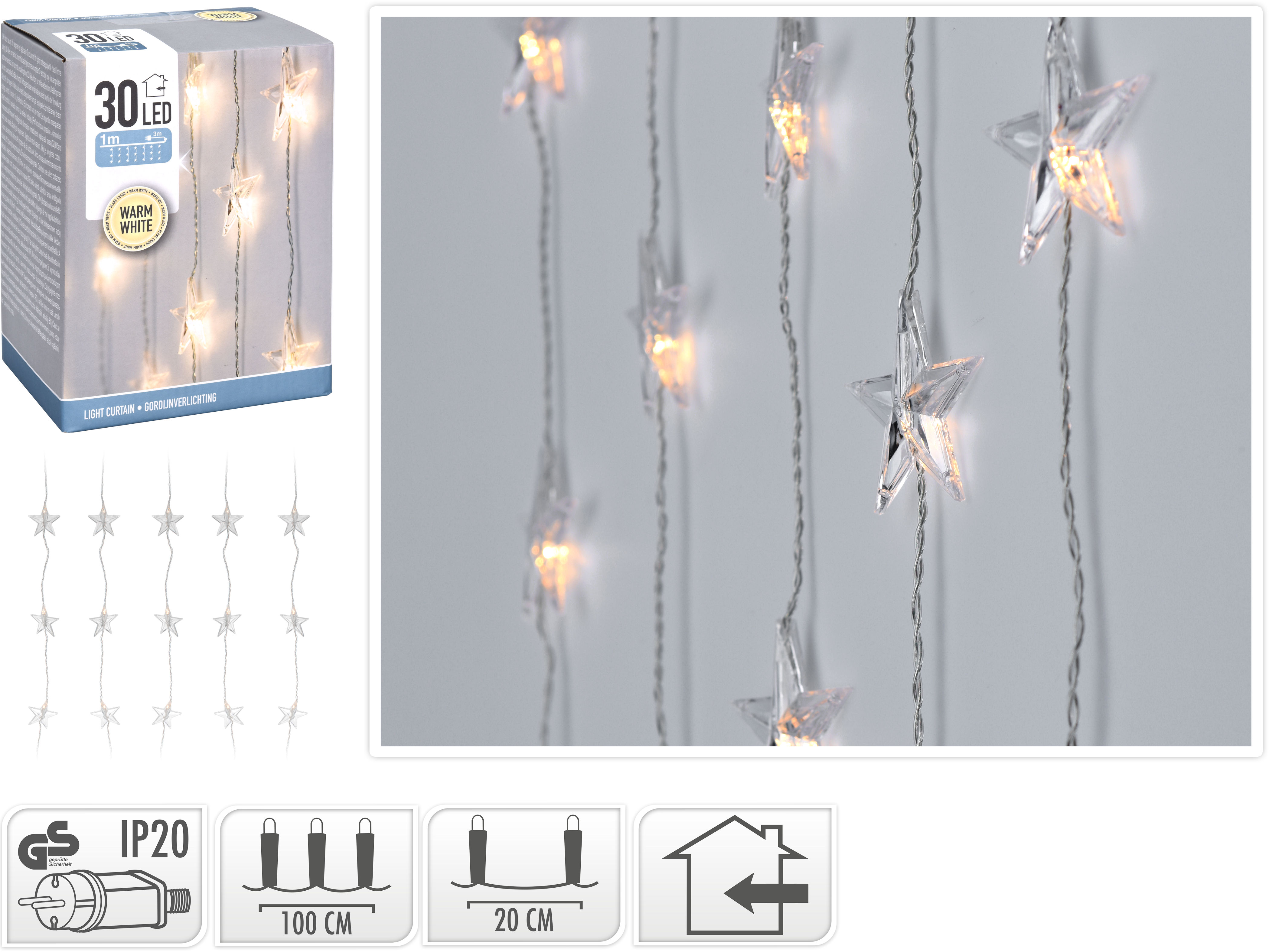 LED Sternen Lichtervorhang warm weiß - 100 cm - Deko Lichterkette mit 30 LED für Innen