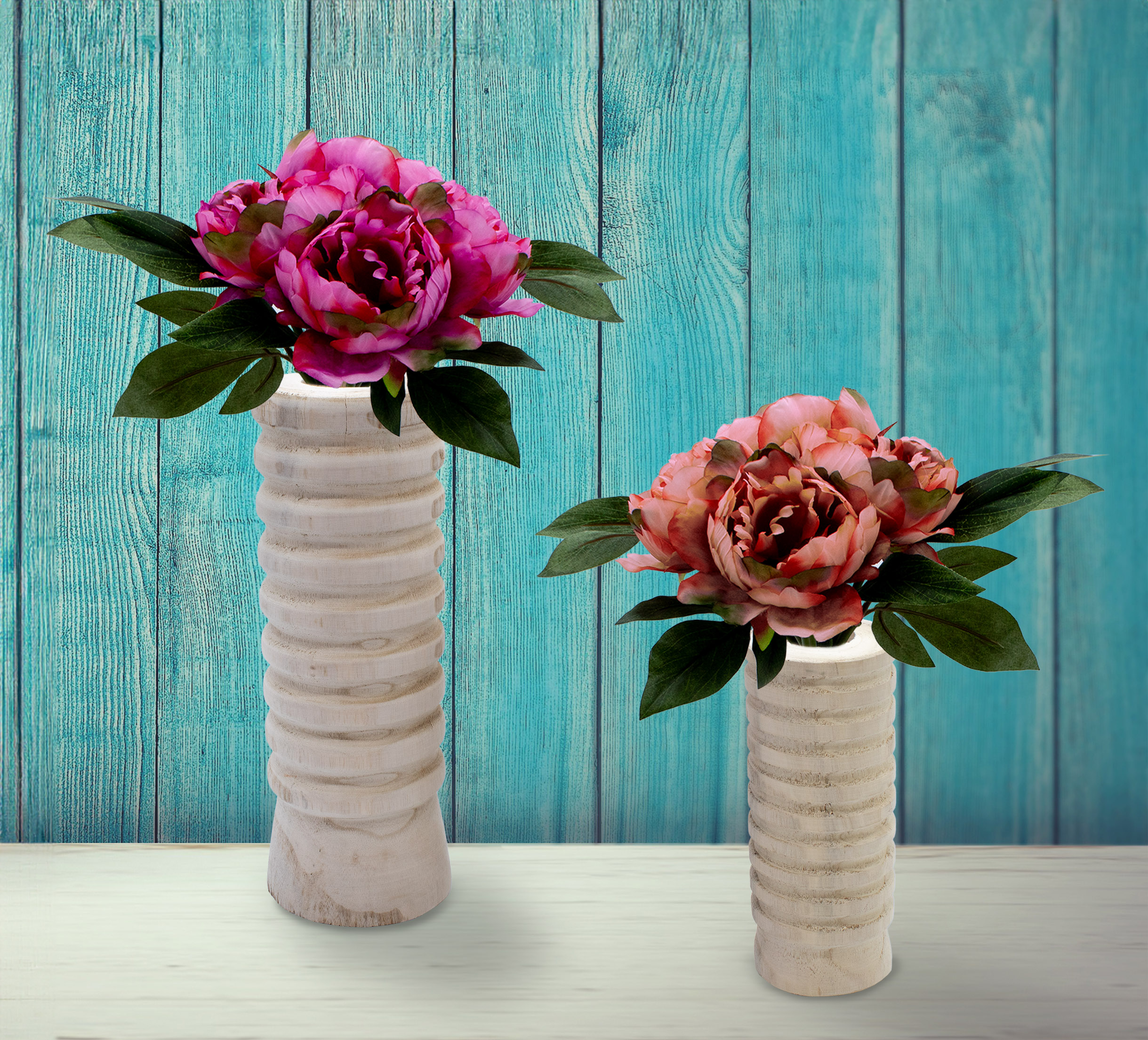 Holz Blumenvase 2er Set gerade Form geriffelt - je 1x 31 cm und 21 cm - Flasche Holzvase naturbelassen