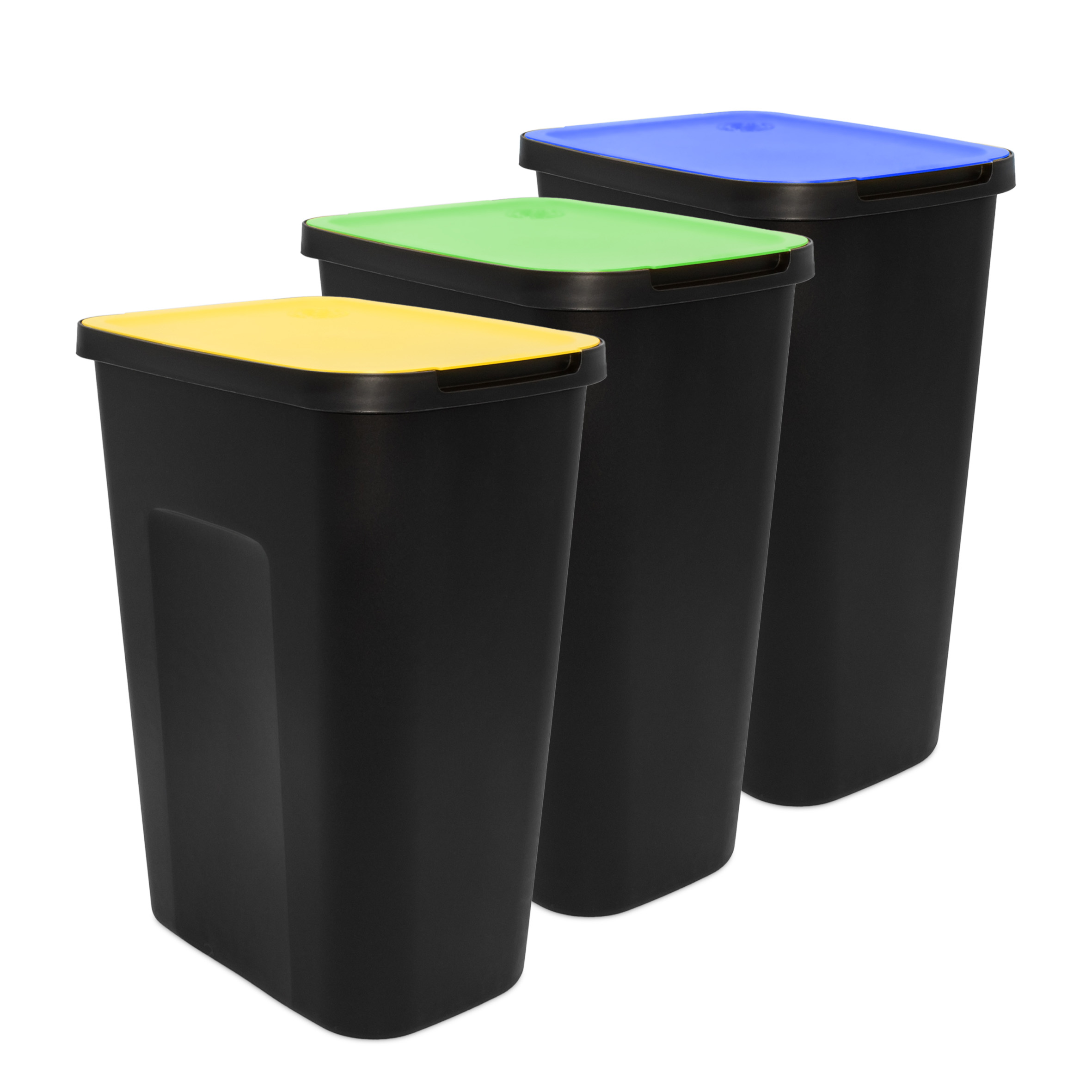 Abfalleimer schwarz mit farbigem Klappdeckel 3er Set - 50 Liter - Mülltrennsystem für Kunststoff Biomüll und Altpapier