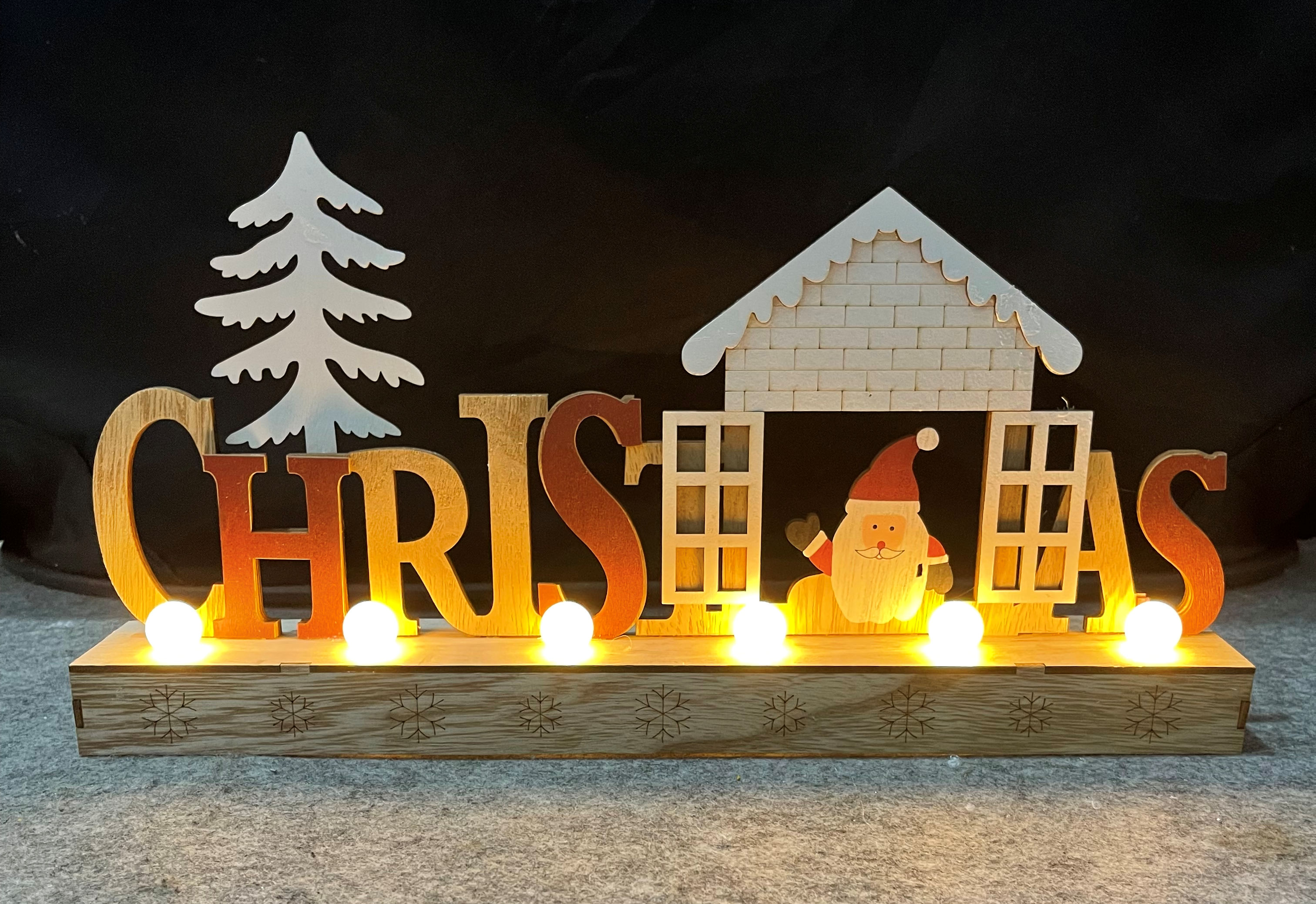Beleuchteter Holz Deko Aufsteller "Christmas" in 40 cm - mit 6 warm weißen LED