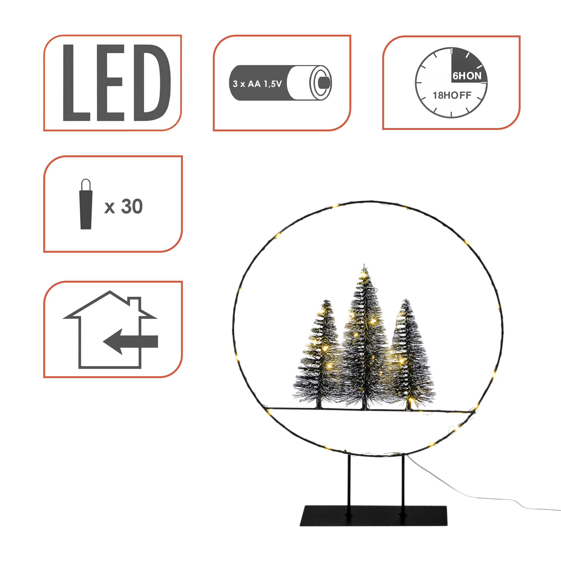 LED Dekoring mit Tannen und Schnee - 35 cm - Deko Aufsteller mit 30 LED beleuchtet mit Timer