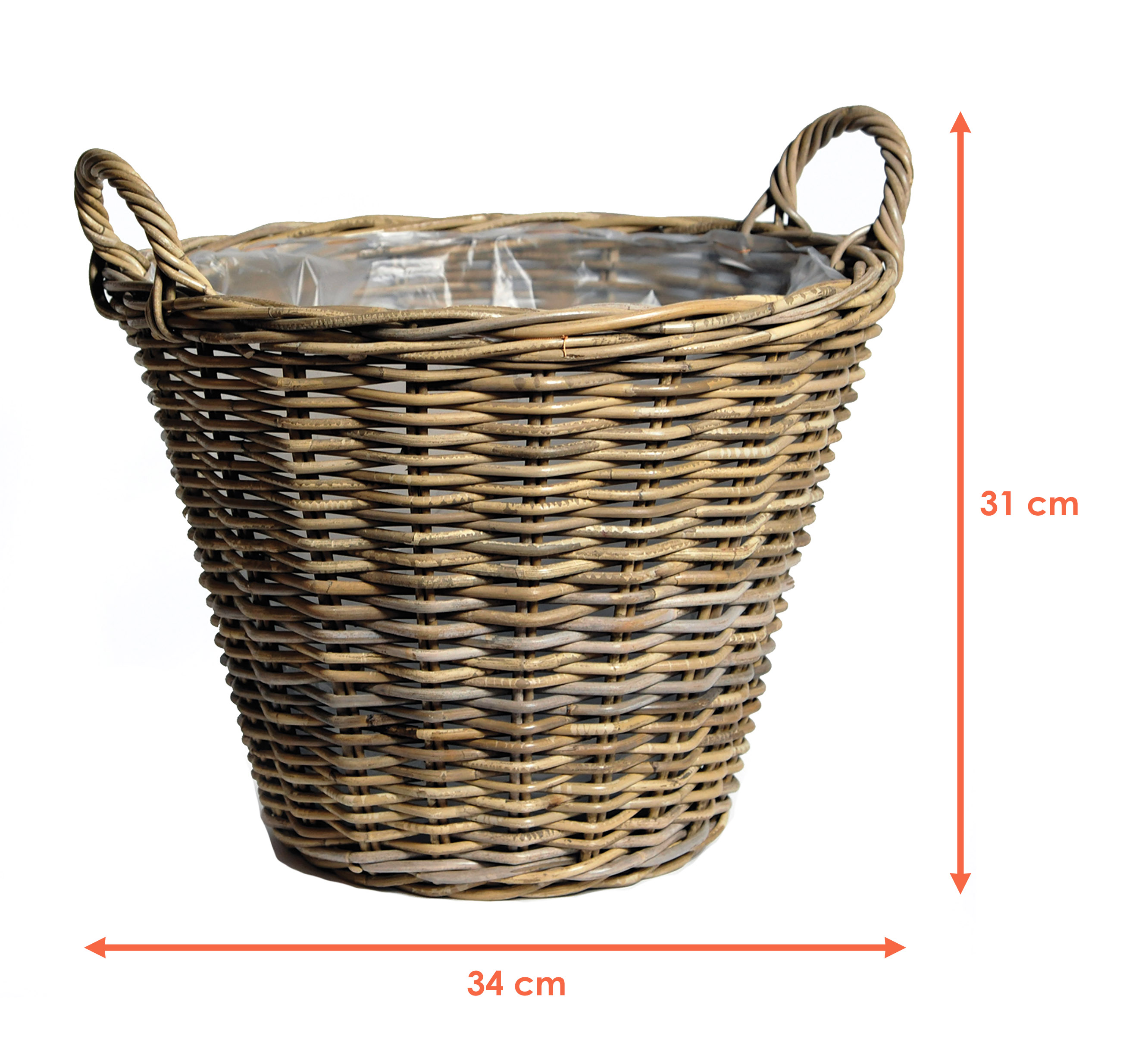 Rattan Pflanzkorb natur mit Henkeln - 34 cm - Weide Blumenkorb mit Folie