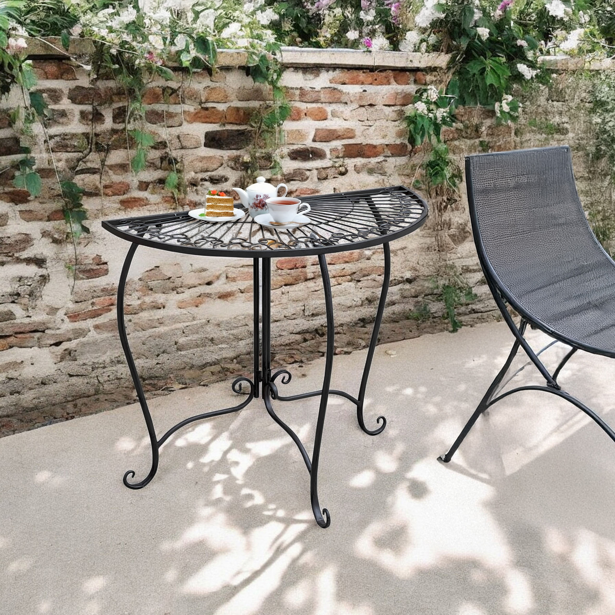 Metall Beistelltisch halbrund schwarz - 80 x 71 cm - Gartentisch im Romantic Vintage Design