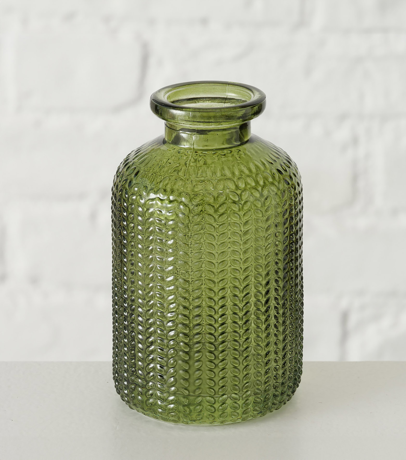 Glasvase 3er Set transparent grün - 10 cm - Kleine Deko Blumenvase rund - Relief Tischvase Knospenvase Glas Flasche Tischdekoration