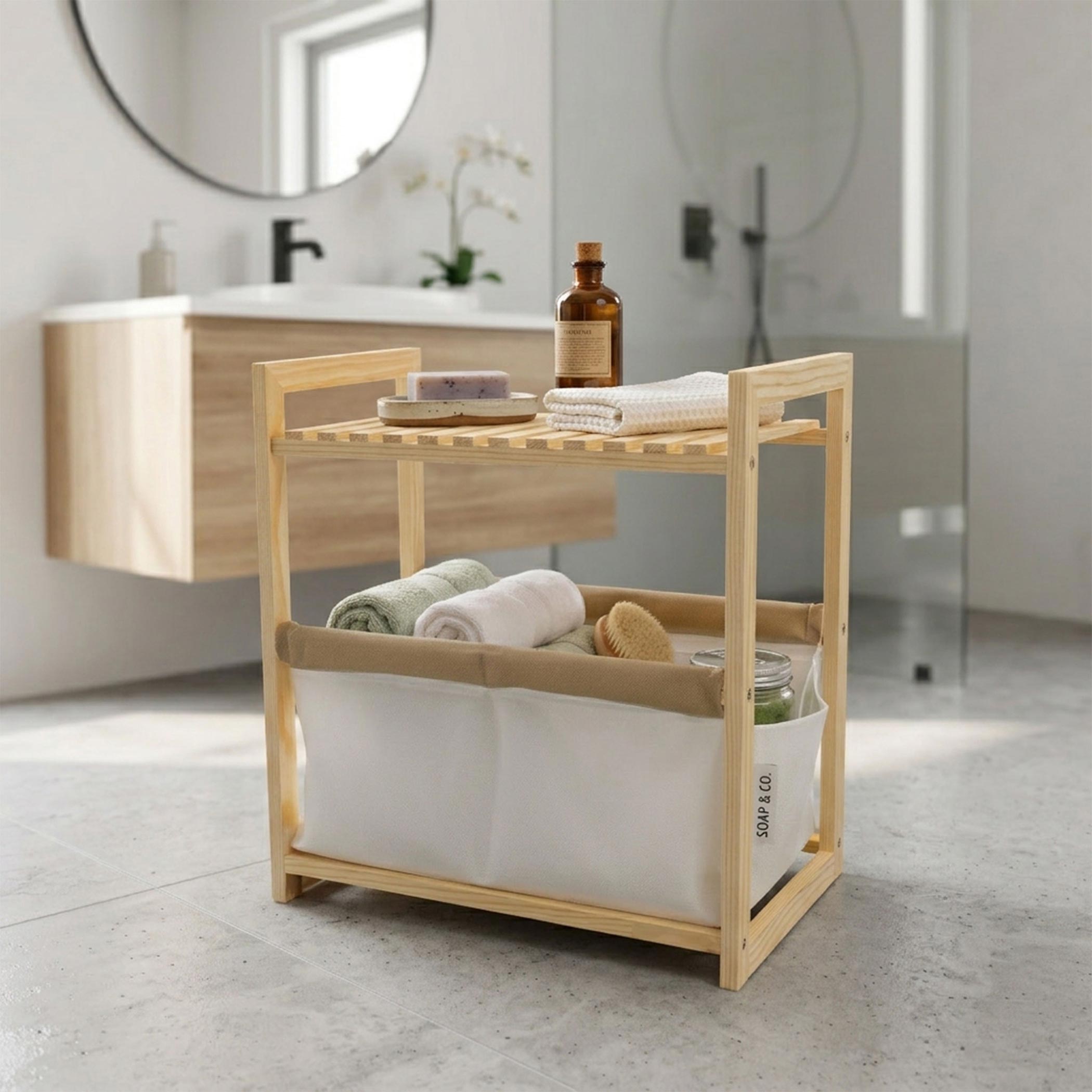 Holz Badezimmerregal natur mit Stoffkorb - 39 x 36 cm - Standregal im Scandi-Design klein mit Ablage und Korb