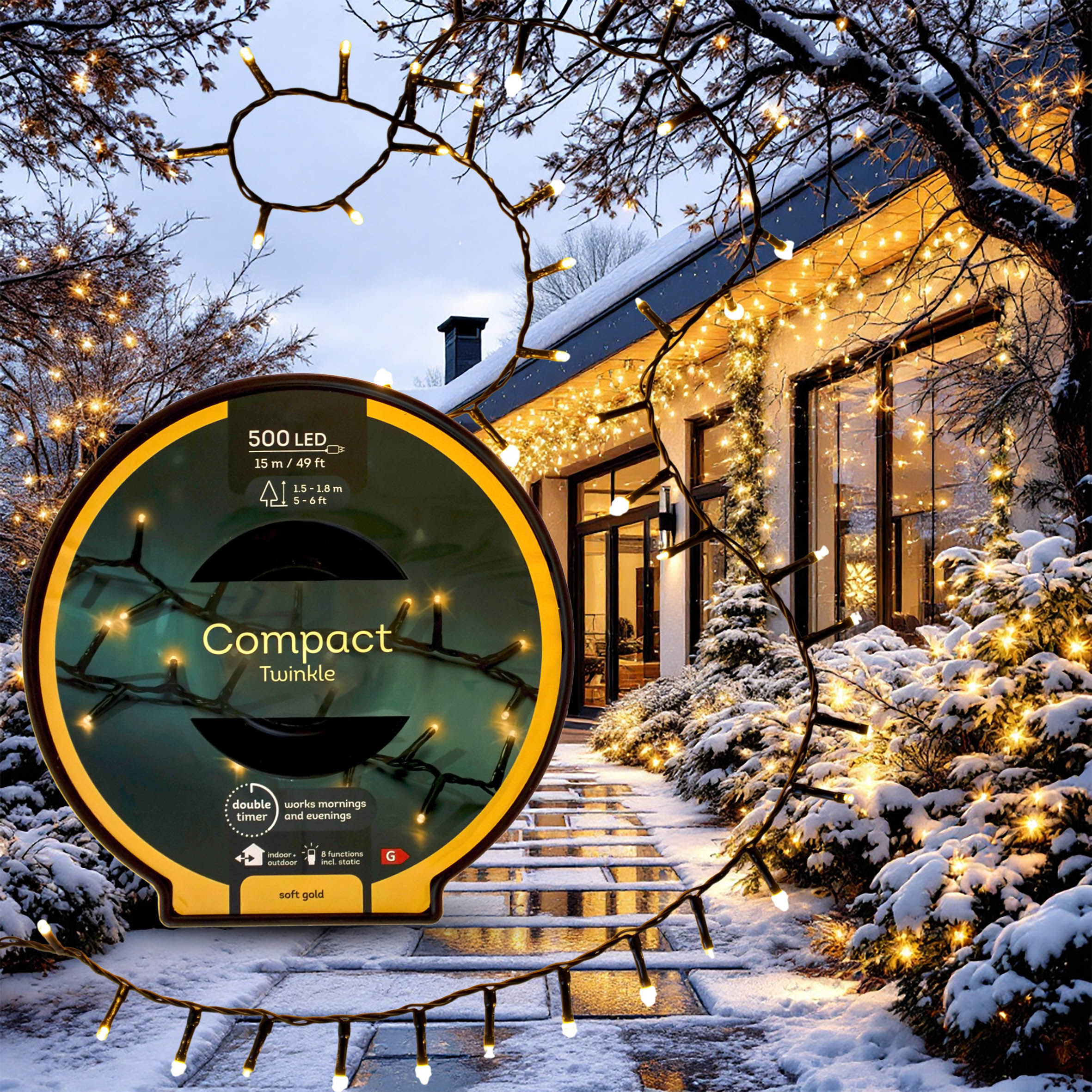 Außen Lichterkette auf Trommel soft gold 15 m mit Stecker - 500 LED