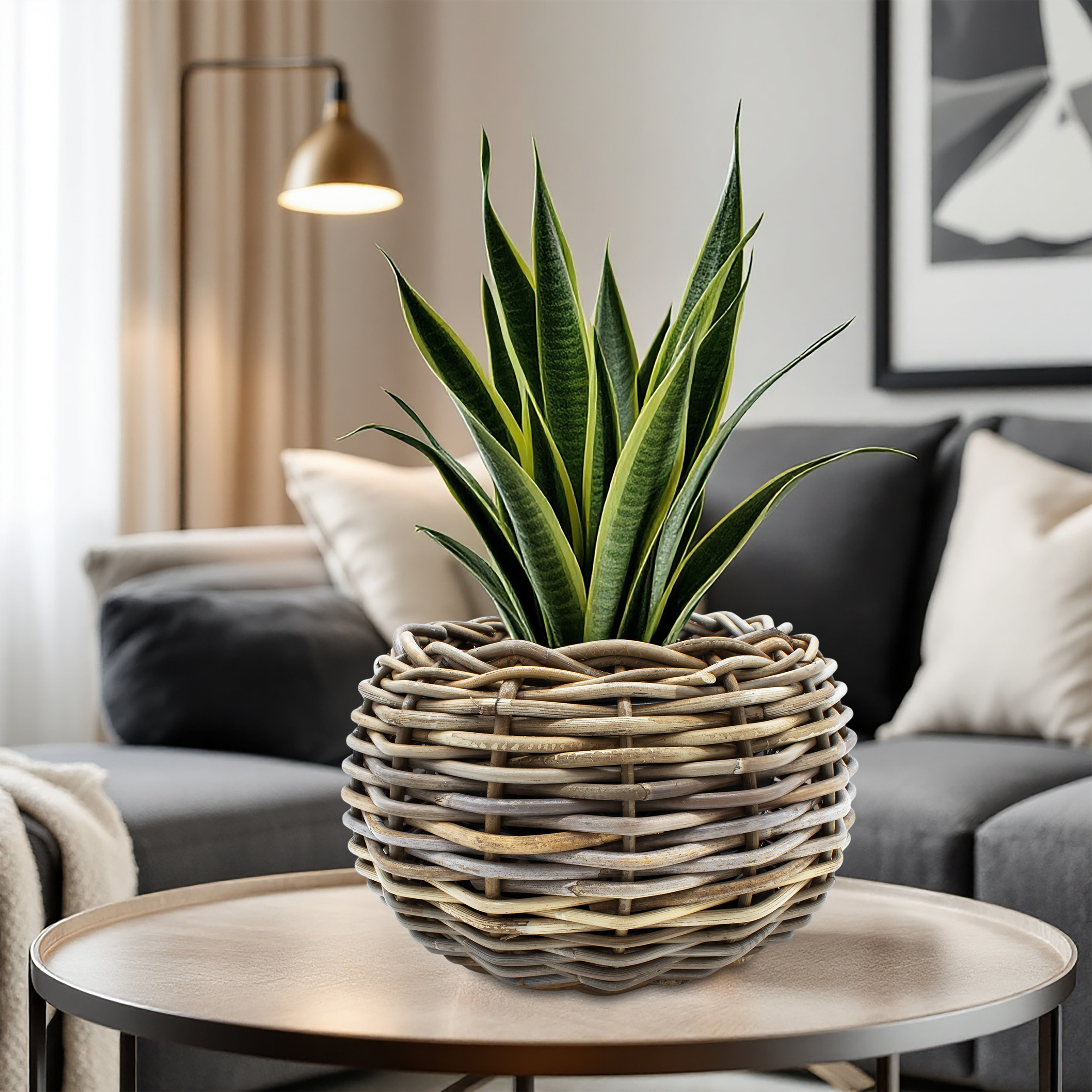 Rattan Pflanztopf mit Kunststoff Einsatz - 29 x 19 cm - Garten Deko Blumenkorb shabby natur
