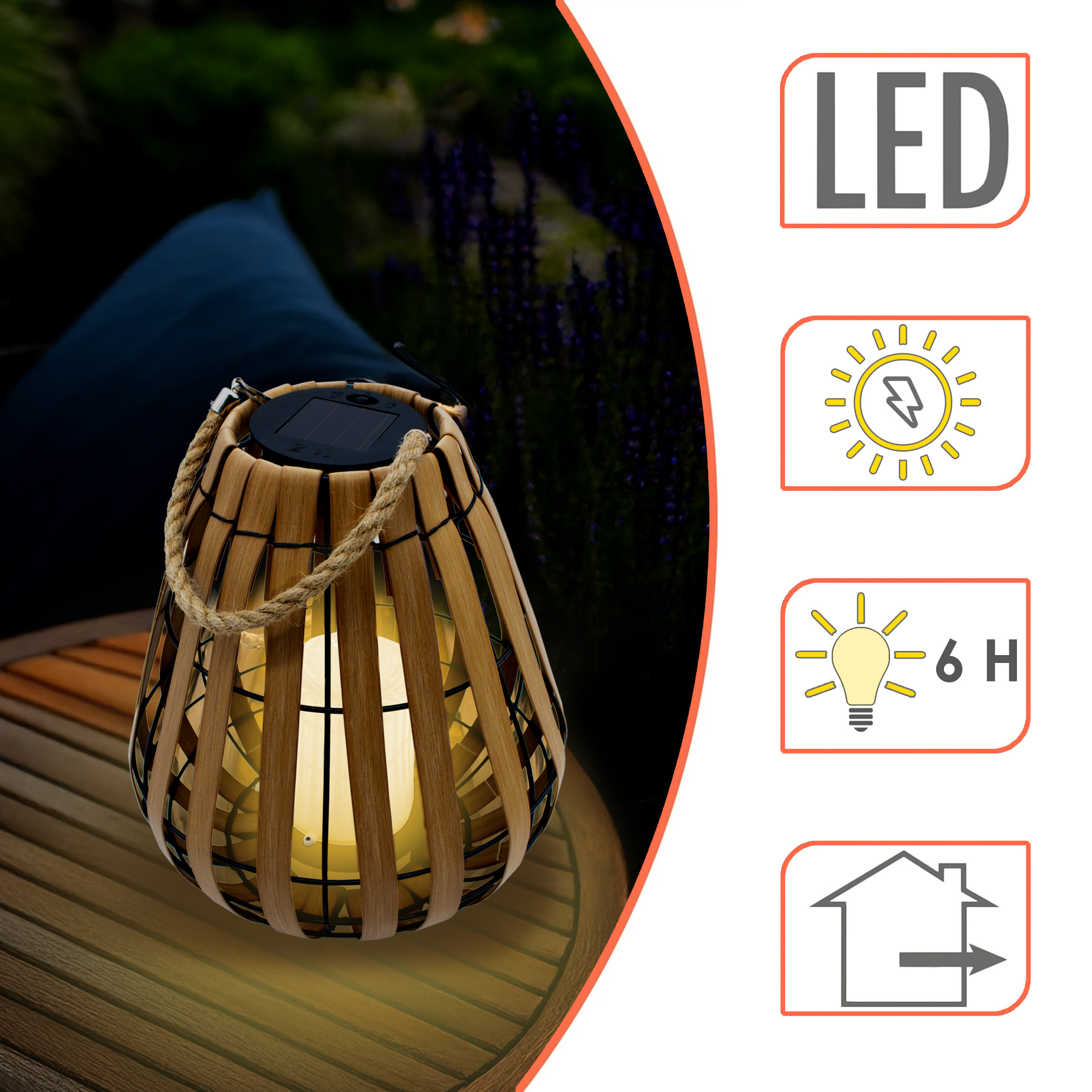 Solar Laterne mit LED Kerze in warm weiß mit Flackereffekt - 30 x 25 cm - Gartenleuchte in Holz Optik mit Jutekordel zum Hängen