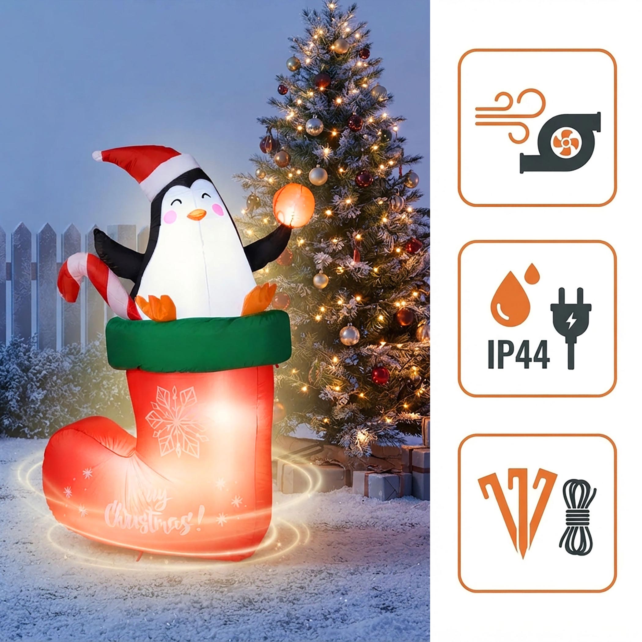Aufblasbarer XL Nikolaus Stiefel mit LED Beleuchtung - 178 x 110 cm - Riesen Weihnachts Socke mit Pinguin selbstaufblasend mit bunten LEDs für Außen und Innen