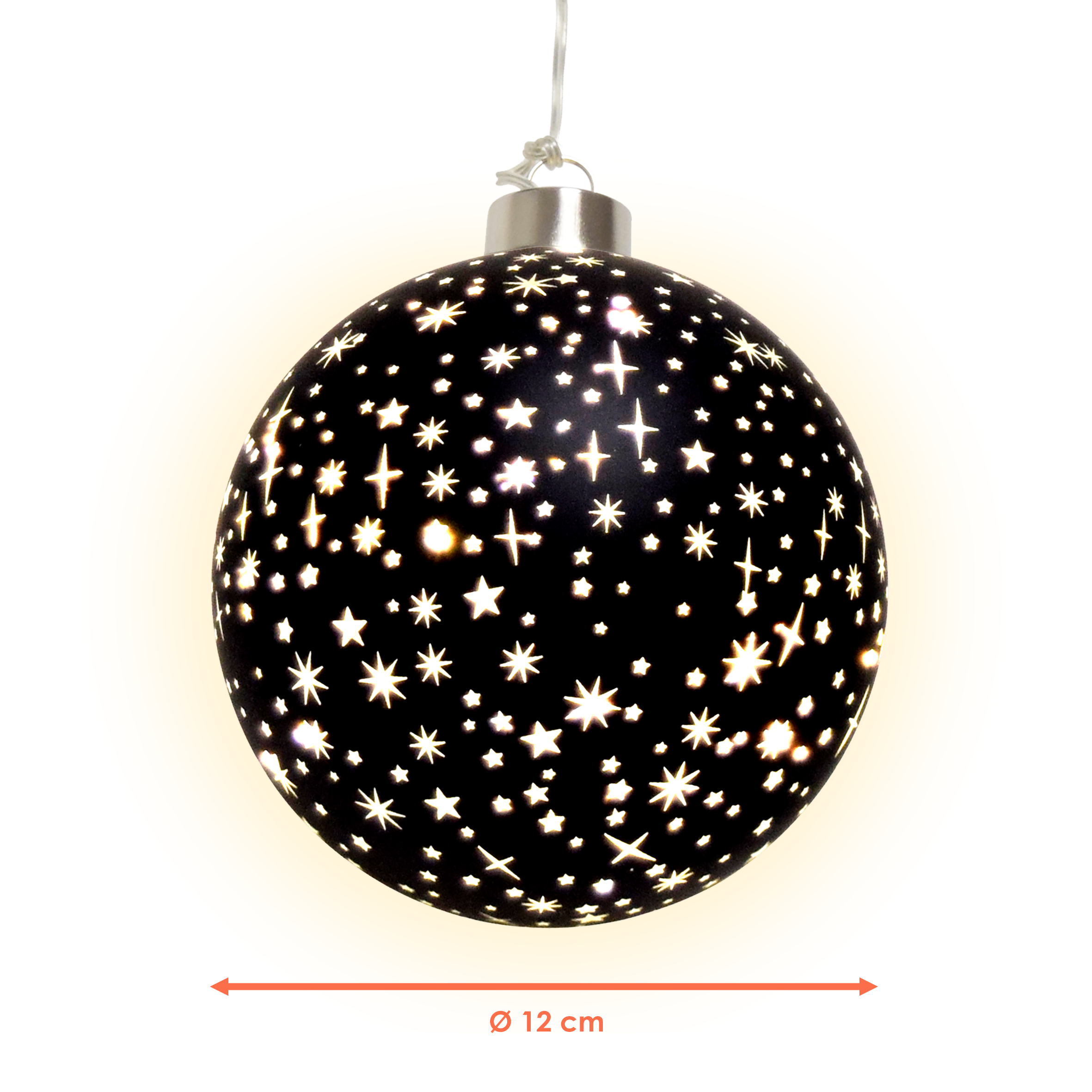 LED Weihnachts Glaskugel Sterne schwarz matt mit Timer - 12 cm