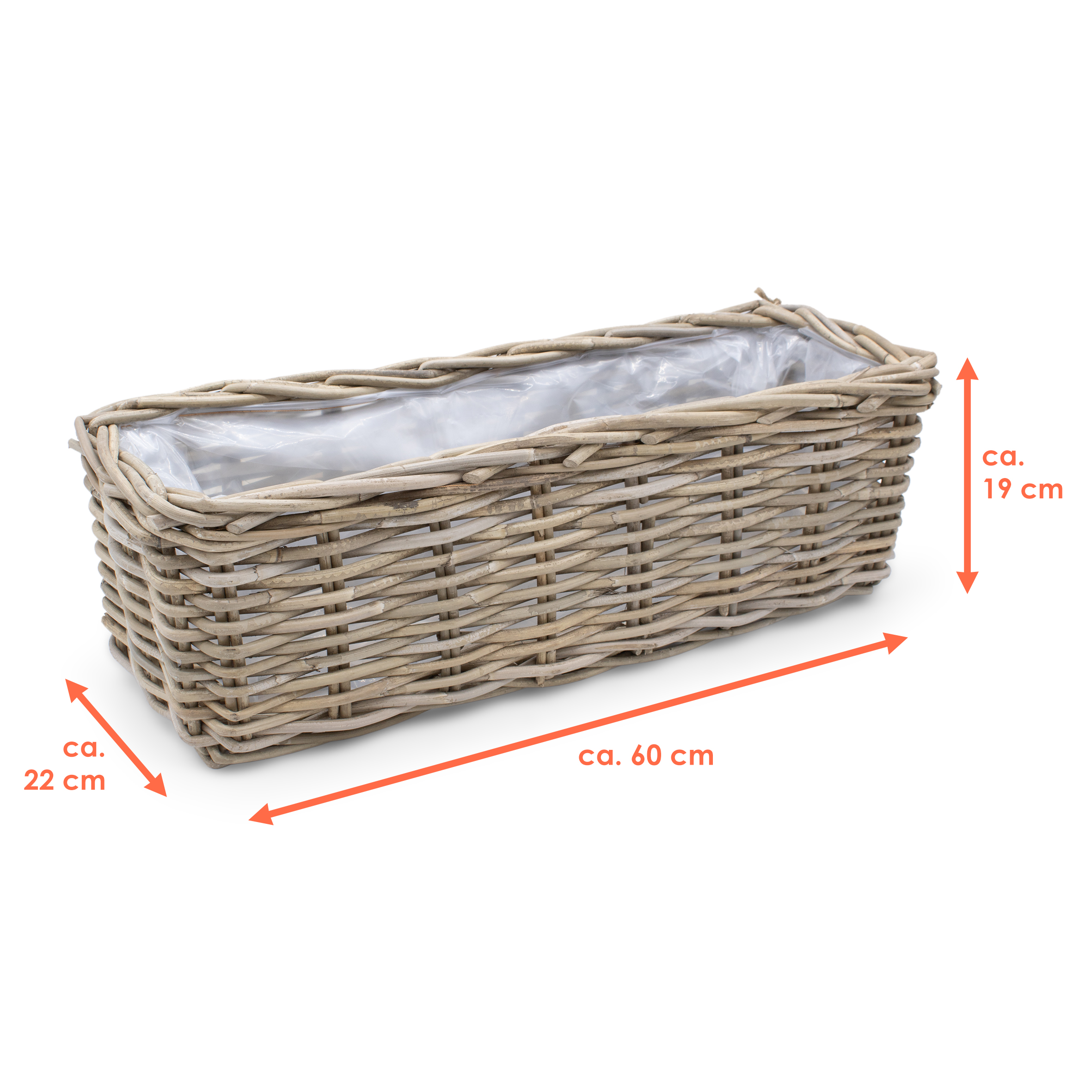 Weide Pflanzkasten natur - 60 cm / eckig - Rattan Blumentopf mit Folie