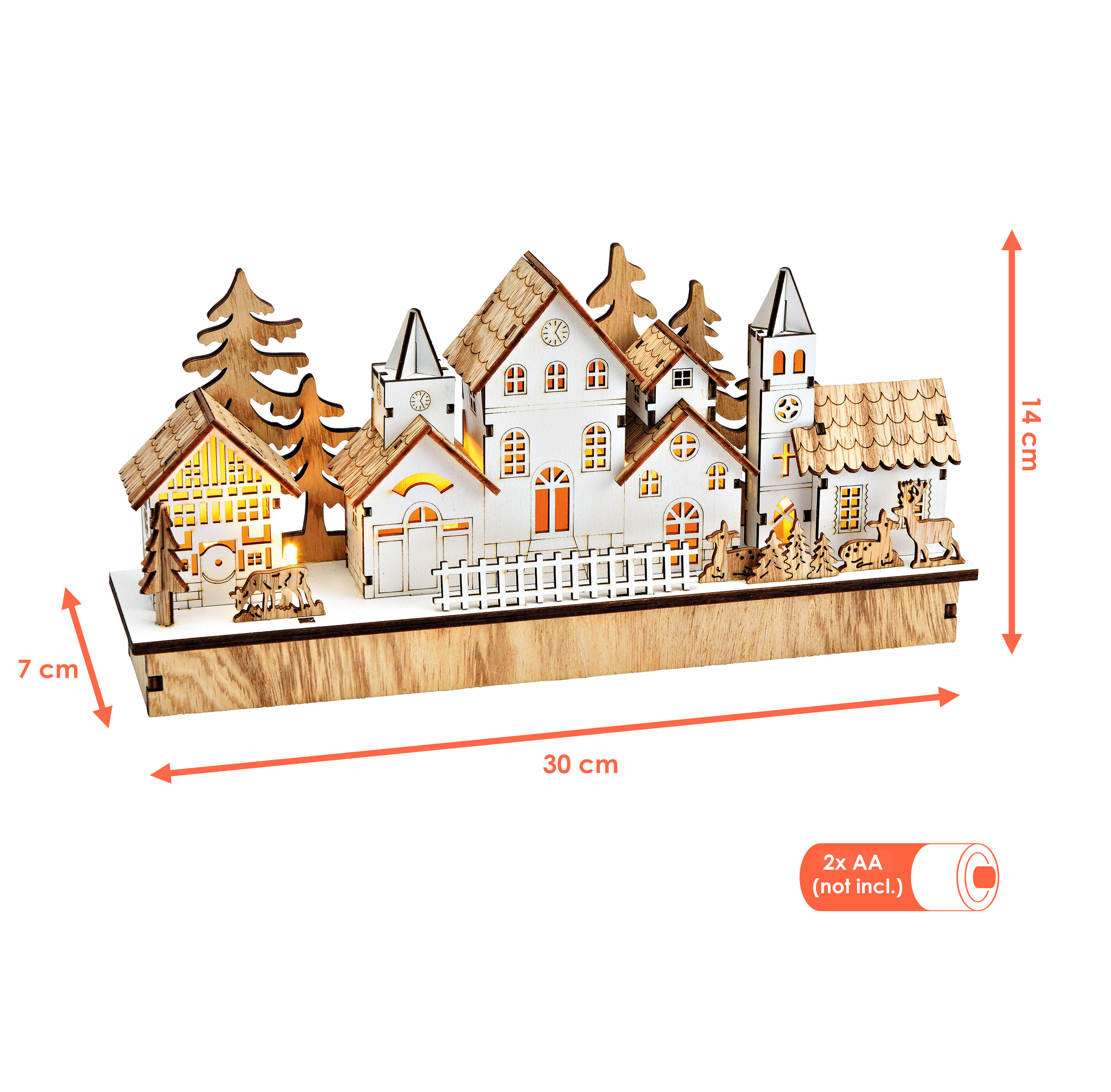 LED Holz Winterstadt Aufsteller warm weiß beleuchtet - 30 x 14 cm - Weihnachtsdorf Szene Tischdekoration Batterie betrieben