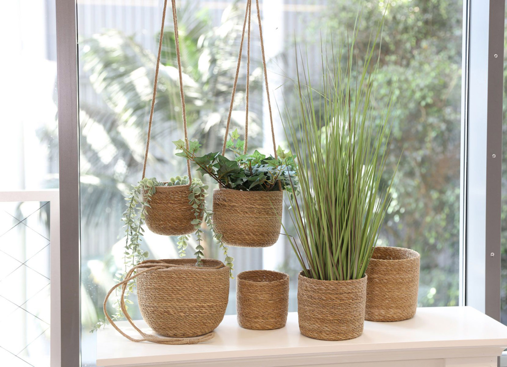Seegras Blumenampel natur - 3er Set - Geflochtene Boho Chic Blumentöpfe