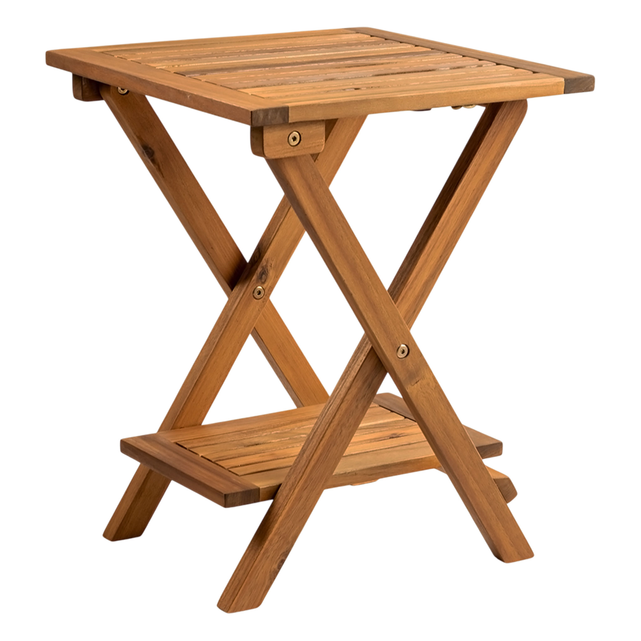 Akazie Beistelltisch geölt für Außen - 35 x 35 cm - Holz Gartentisch klappbar mit 2 Ablagen