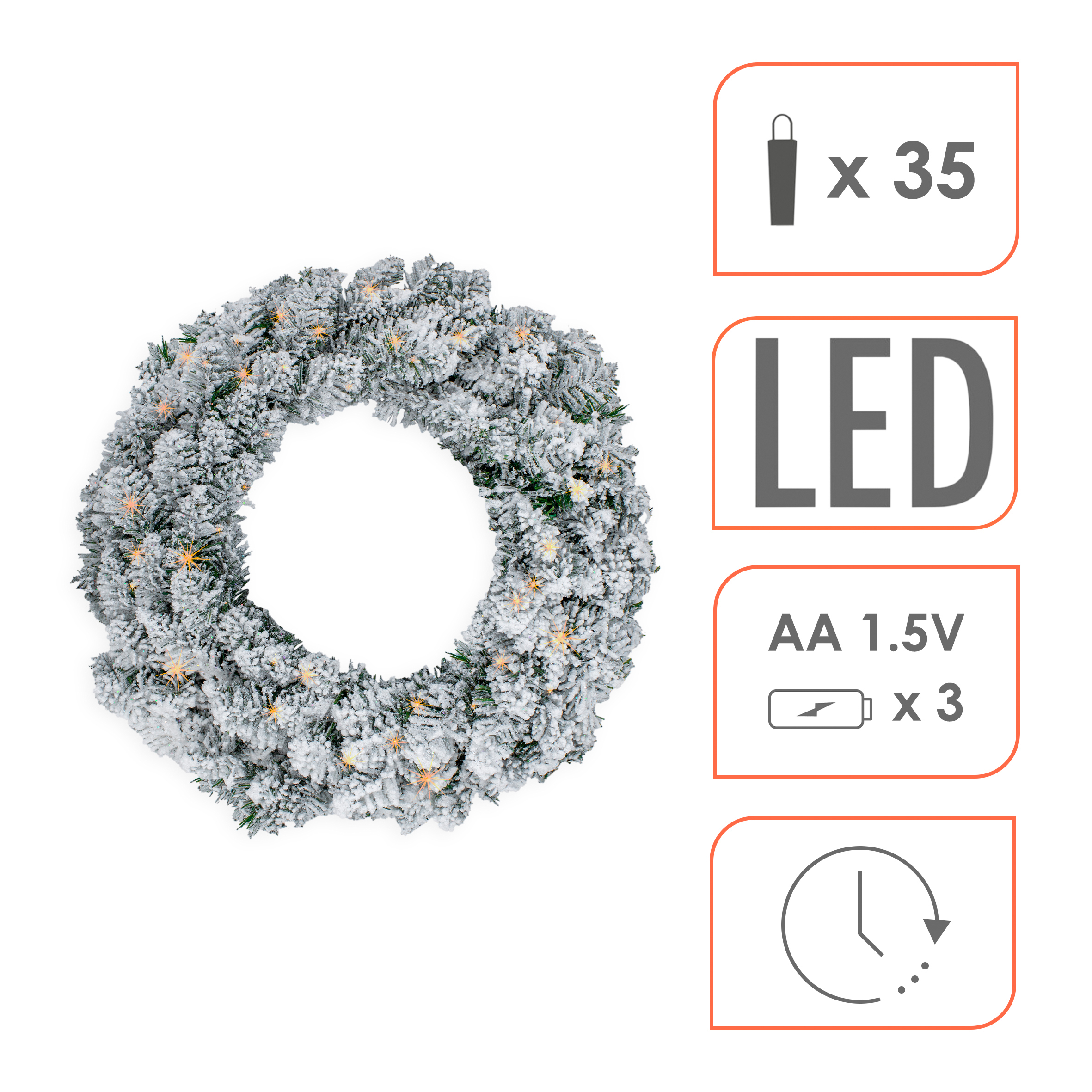 LED Tannenkranz mit Schnee und Glitzer warm weiß beleuchtet - 51 cm / 35 LED - Weihnachtskranz Batterie betrieben mit Timer