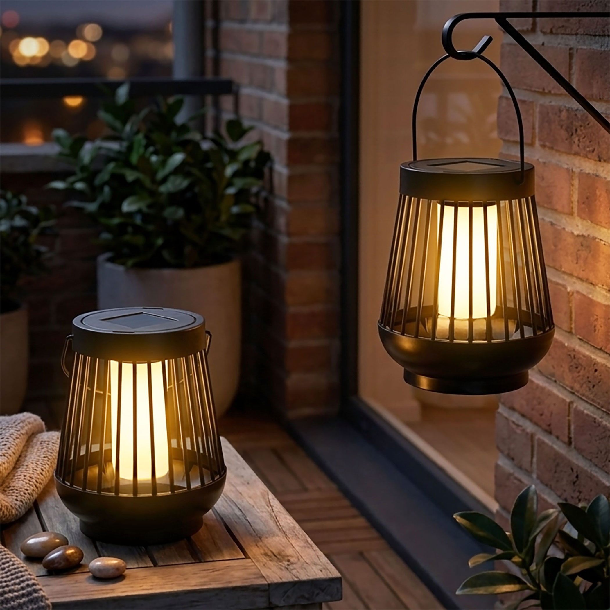 Solar Laterne schwarz 15 x 13 cm mit Flammeneffekt - 2er Set - LED Deko Lampe für Außen zum Hängen oder Stellen