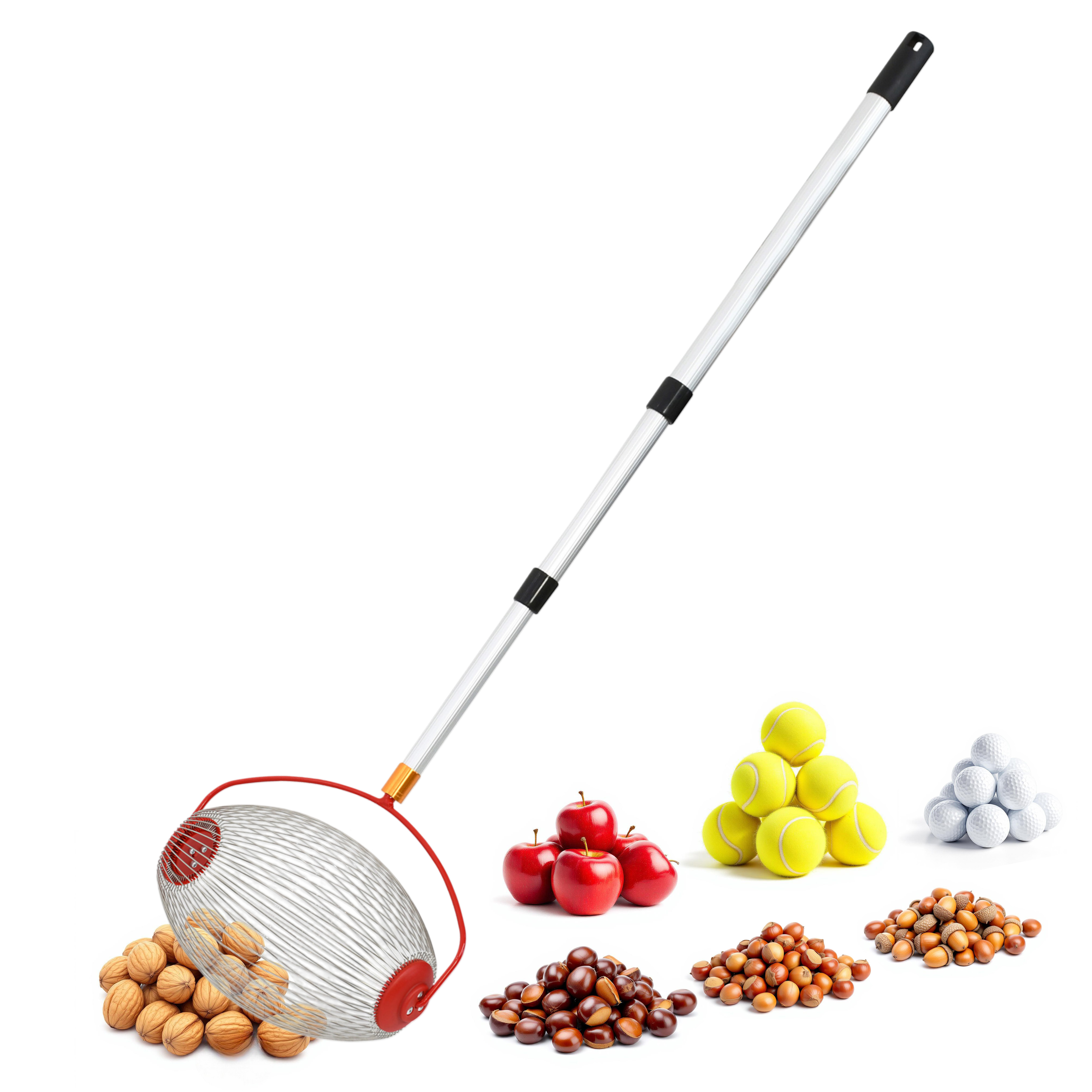 Rollsammler mit Alu Teleskopstiel für Nüsse und Obst - ausziehbar bis 120 cm - Nusssammler mit großem Erntekorb und Teleskopstange