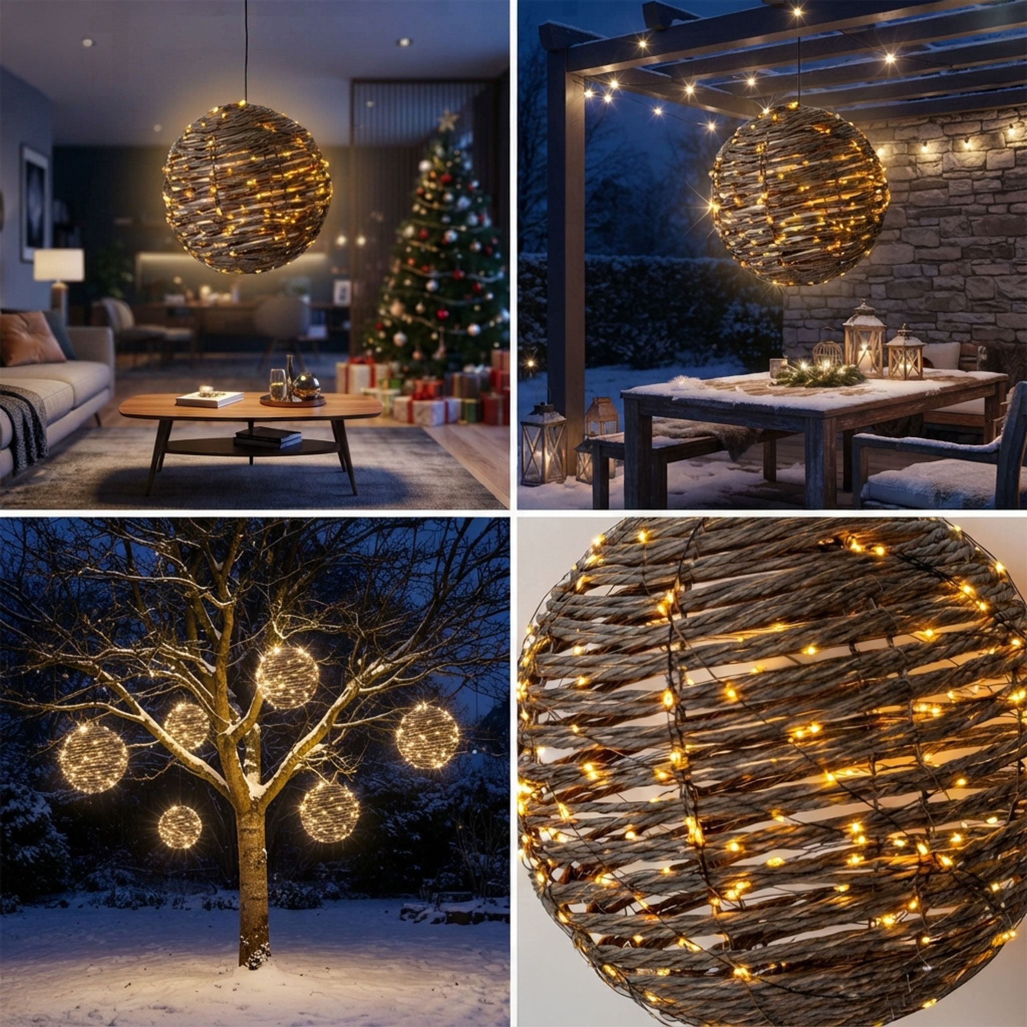 LED Rattan Leuchtball für Außen mit Timer und Twinkle-Effekt - 25 cm - Leuchtkugel mit 300 flashing LEDs in extra warm weiß