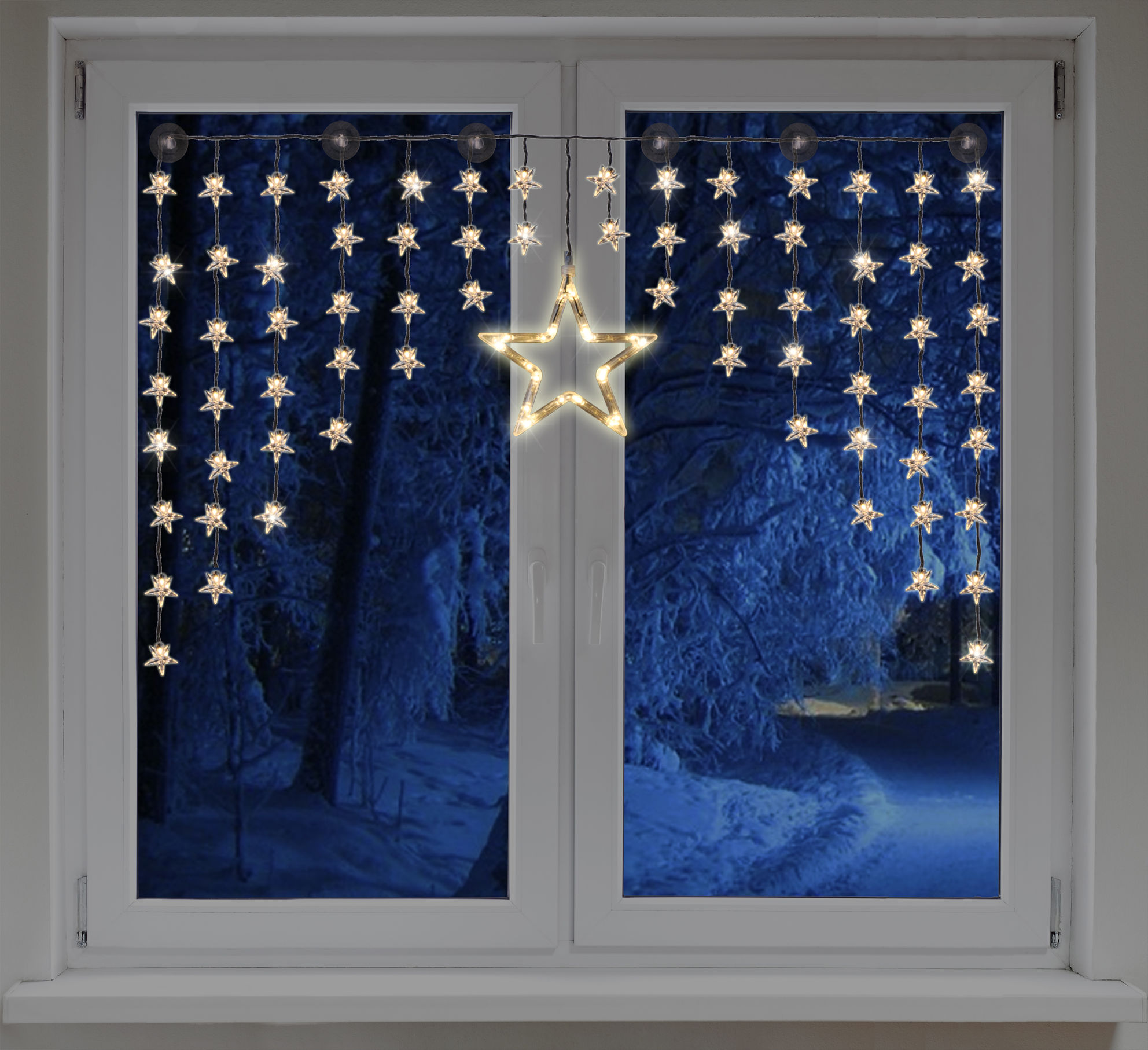LED Sternenvorhang, Fenster Deko, Stern Lichterkette, mit 90 warmweißen Lichtern, Die Größe beträgt ca. 140 cm x 95 cm, Material: Kunststoff, Sternenvorhang mit 90 LEDs, Leuchtfarbe: warmweiß, 1 großer Stern (20 LEDs) und 70 kleine Sterne (jeweils 1 LED),