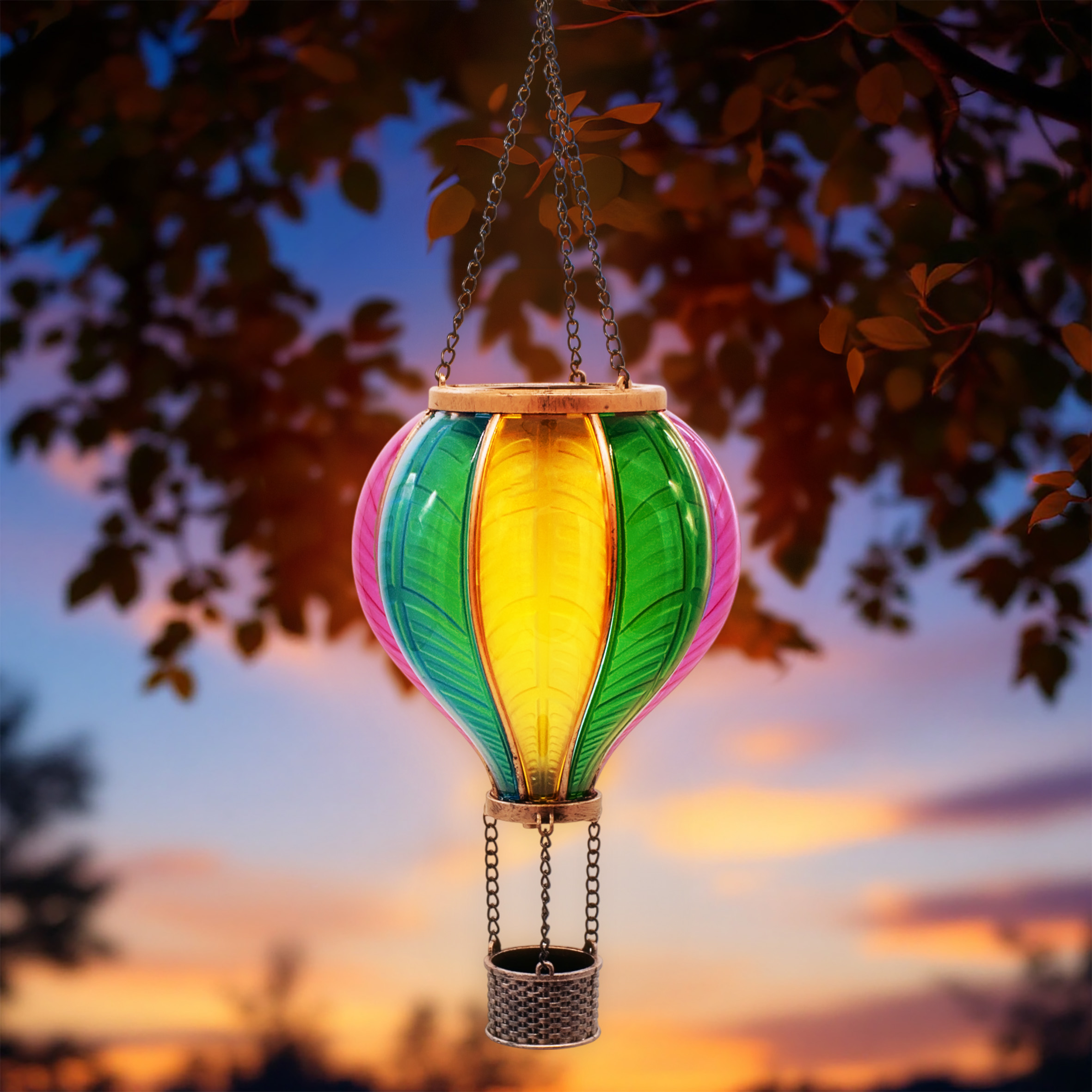 Solar LED Heißluftballon bunt zum Hängen - 45 cm - Garten Lichtspiel mit Flammen Effekt warm weiß