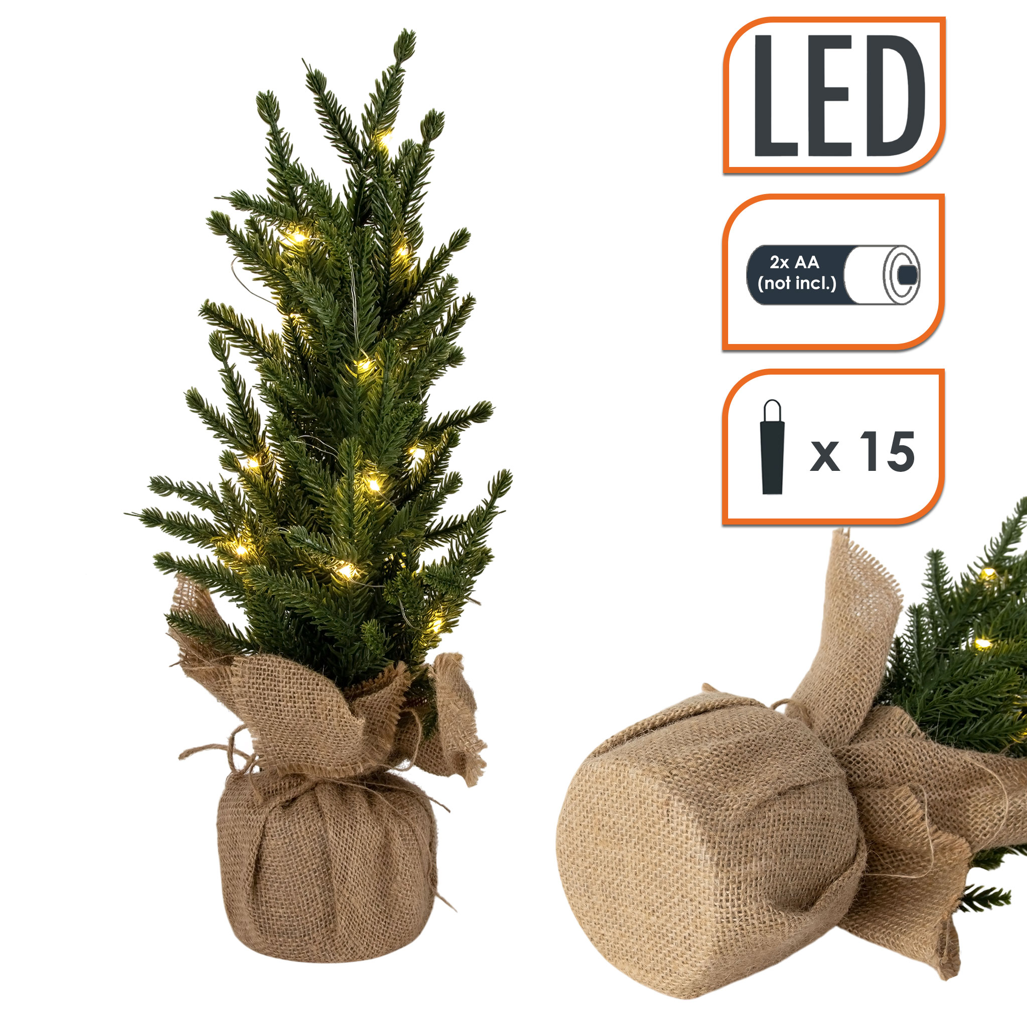 Mini Kunst Tannenbaum warm weiß beleuchtet 43 cm - 2er Set - Künstlicher Weihnachtsbaum klein mit je 15 LEDs batteriebetrieben
