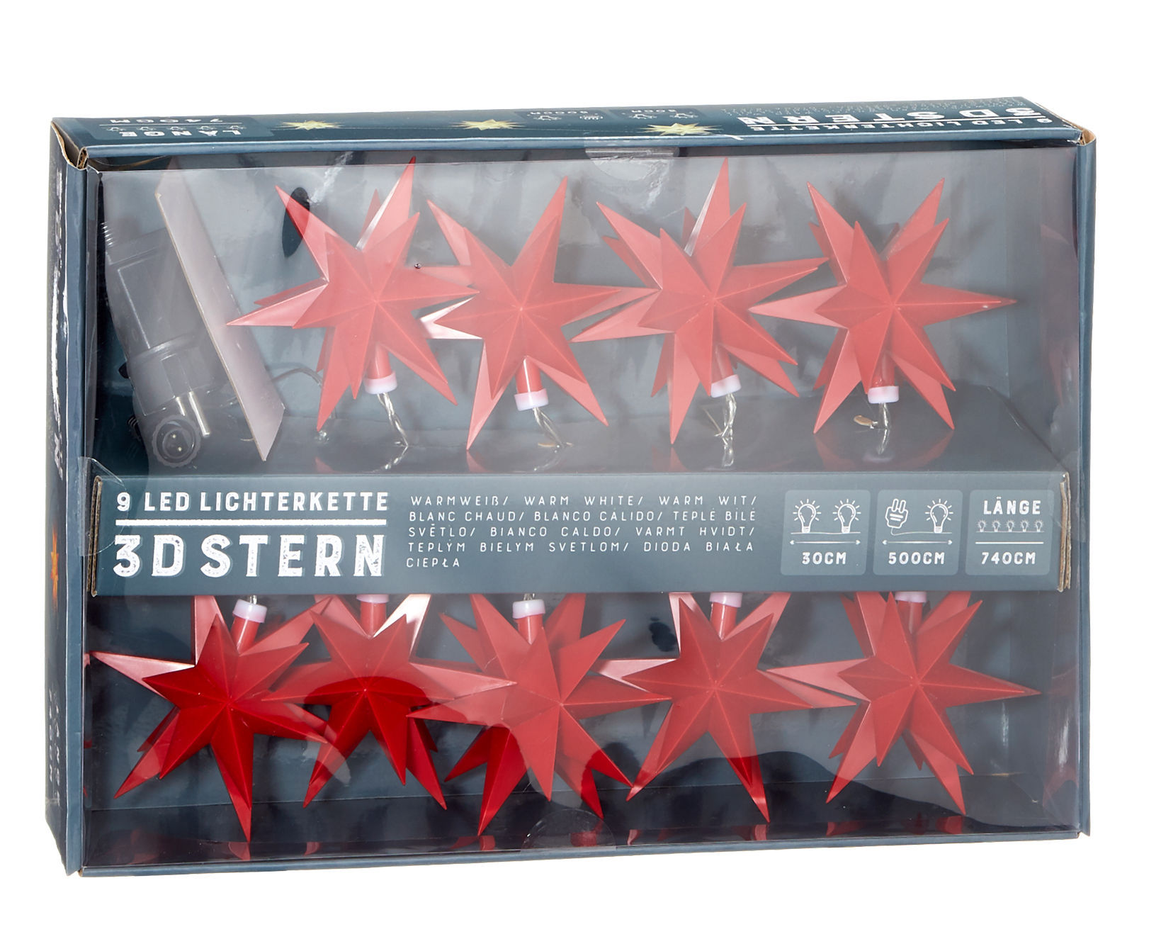 3D Stern Lichterkette mit 9 LED - rot - Sternen Außen Strom betrieben Dekoration