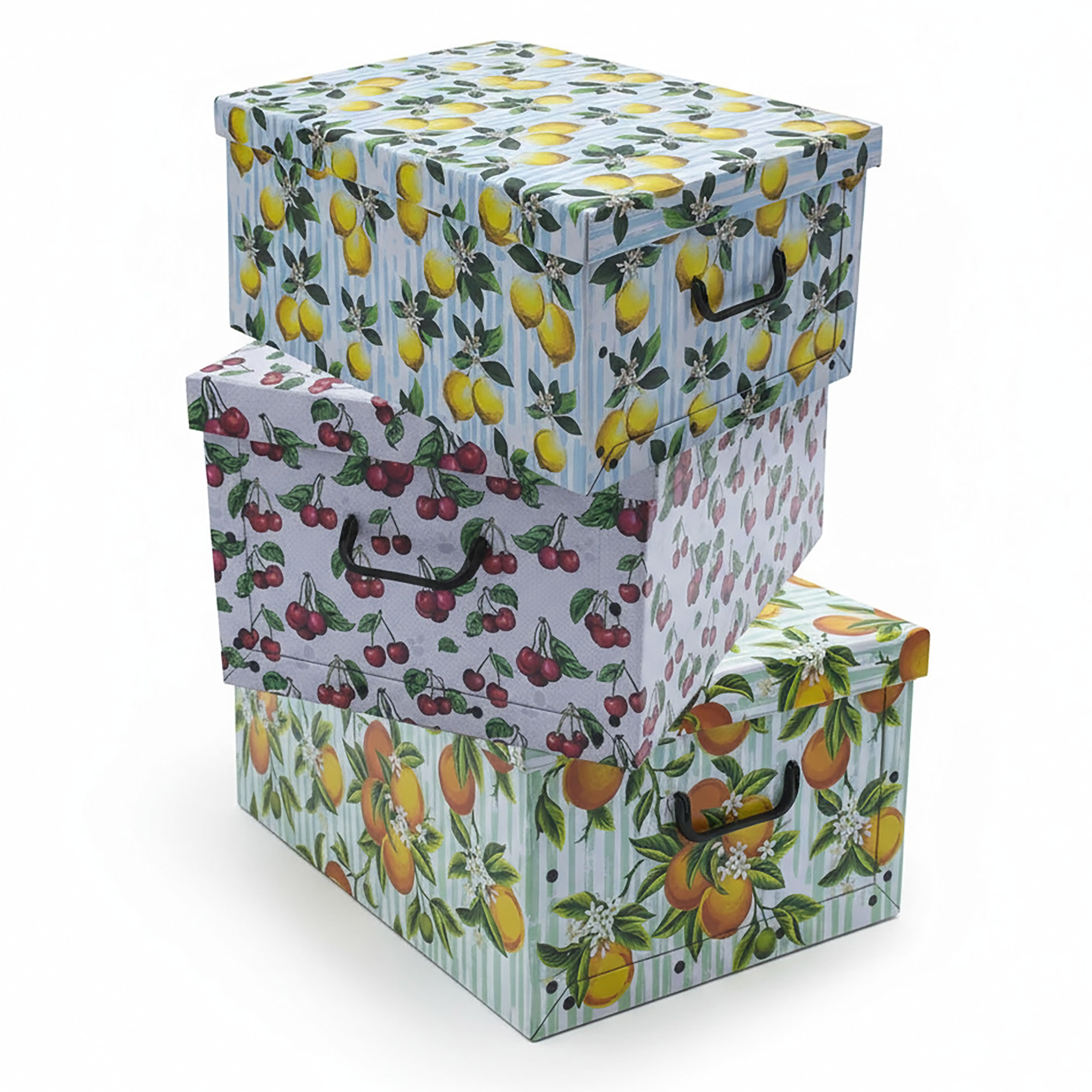 3er Set Aufbewahrungsbox mit Deckel 51 x 37 cm - Früchte - Stapelbox aus Pappe mit Griffen 45 Liter