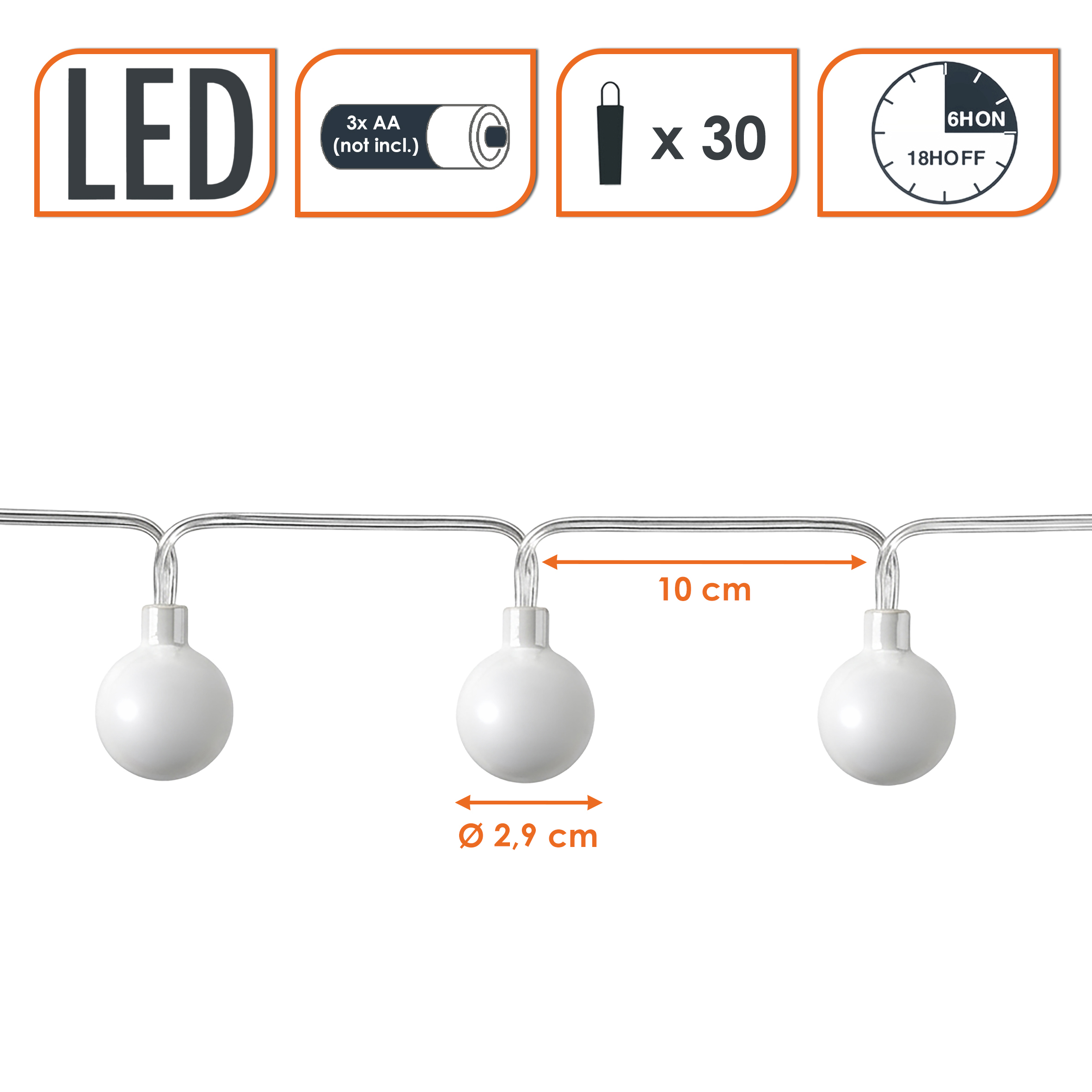 LED Lichterkette 290 cm für Außen und Innen 30 mini Kugeln mit Timer - soft bunt - Kugellichterkette batteriebetrieben mit 8 Funktionen
