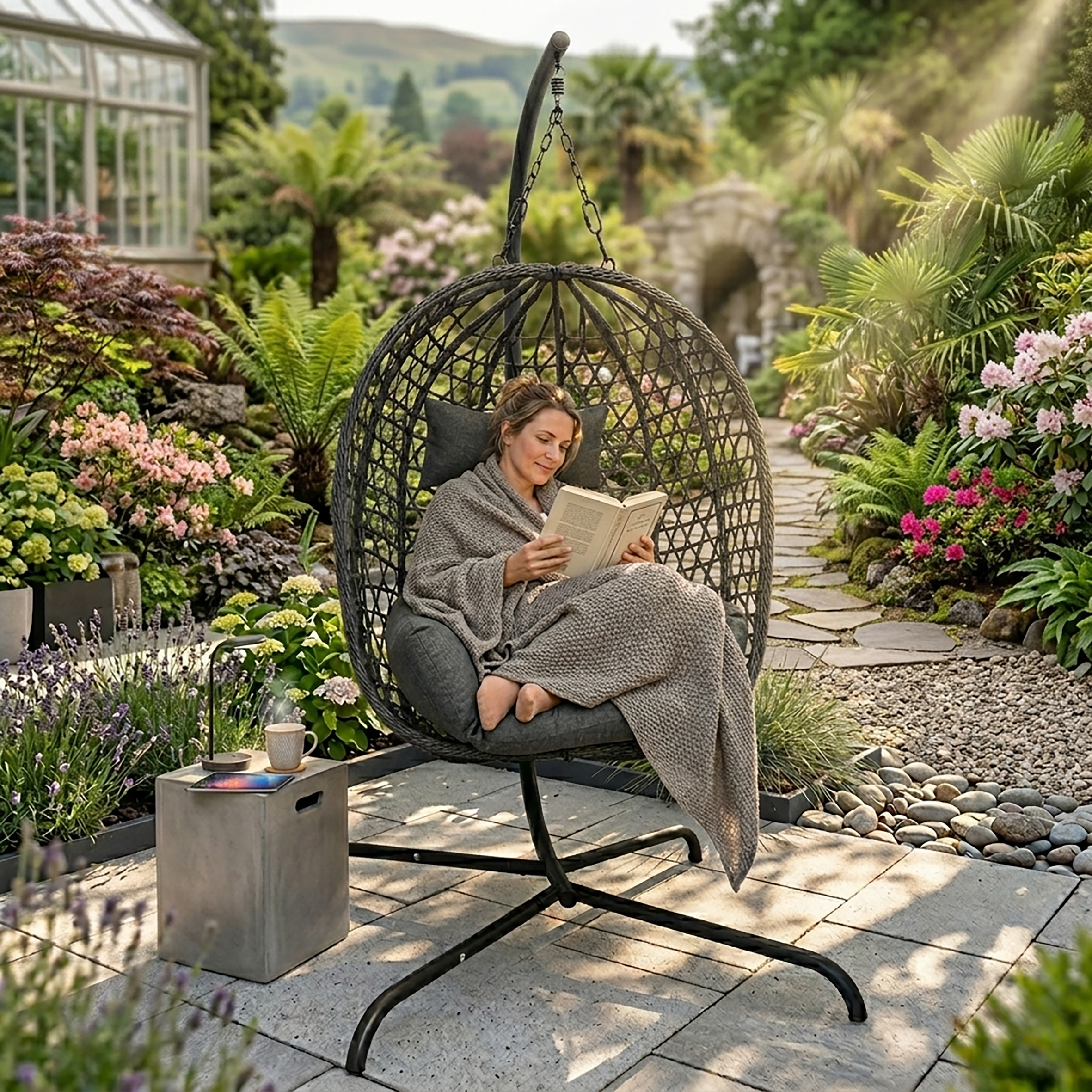 Outdoor Hängesessel mit Gestell und Standfuß 194 x 104 cm - anthrazit - Polyrattan Hängestuhl mit Sitz-und Kopfkissen für Außen und Innen