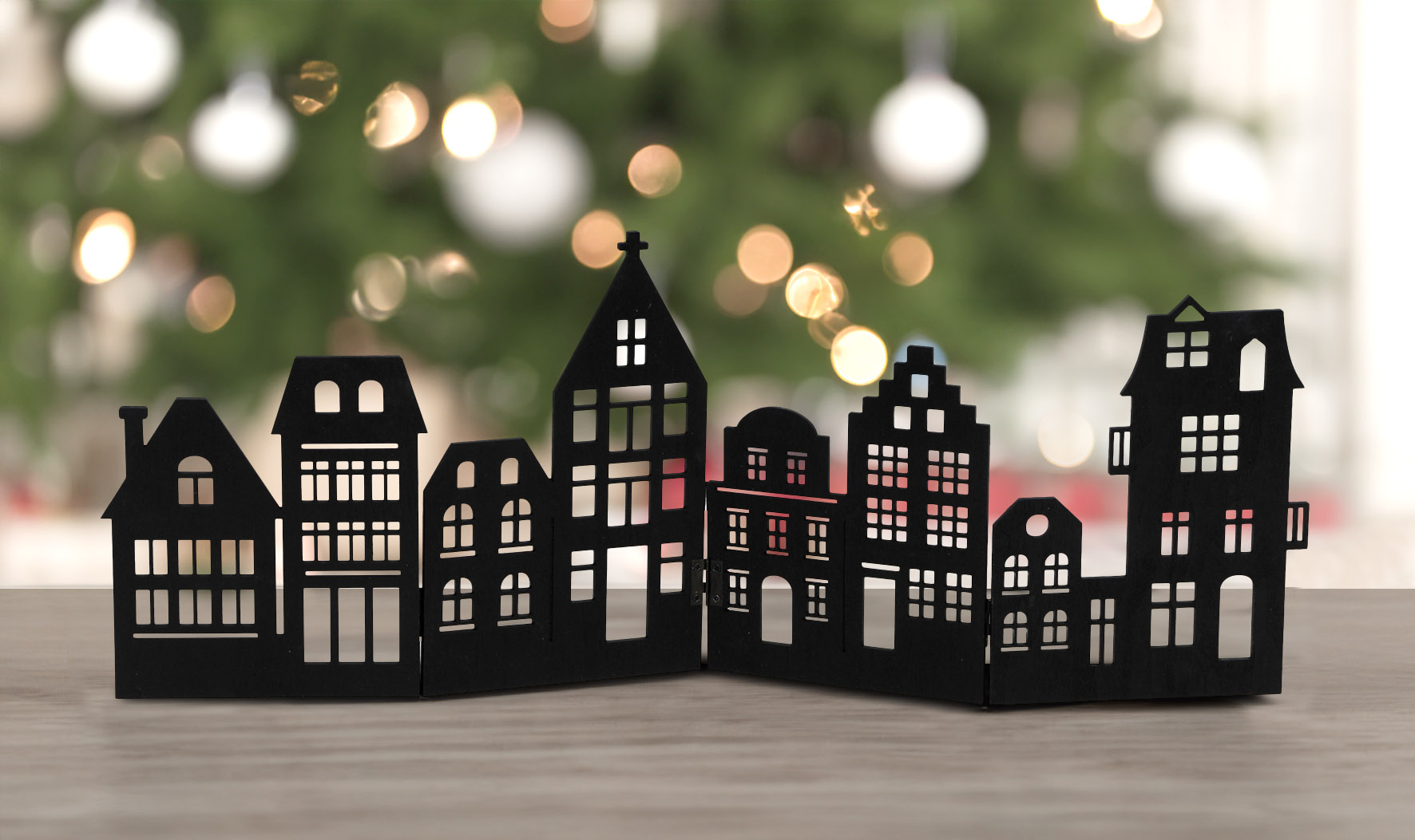 Deko Holz Skyline klappbar 50 x 22 cm - schwarz oder natur - Weihnachts Stadt Silhouette zur Tischdekoration - Weihnachtsdeko Tischdeko für Weihnachten
