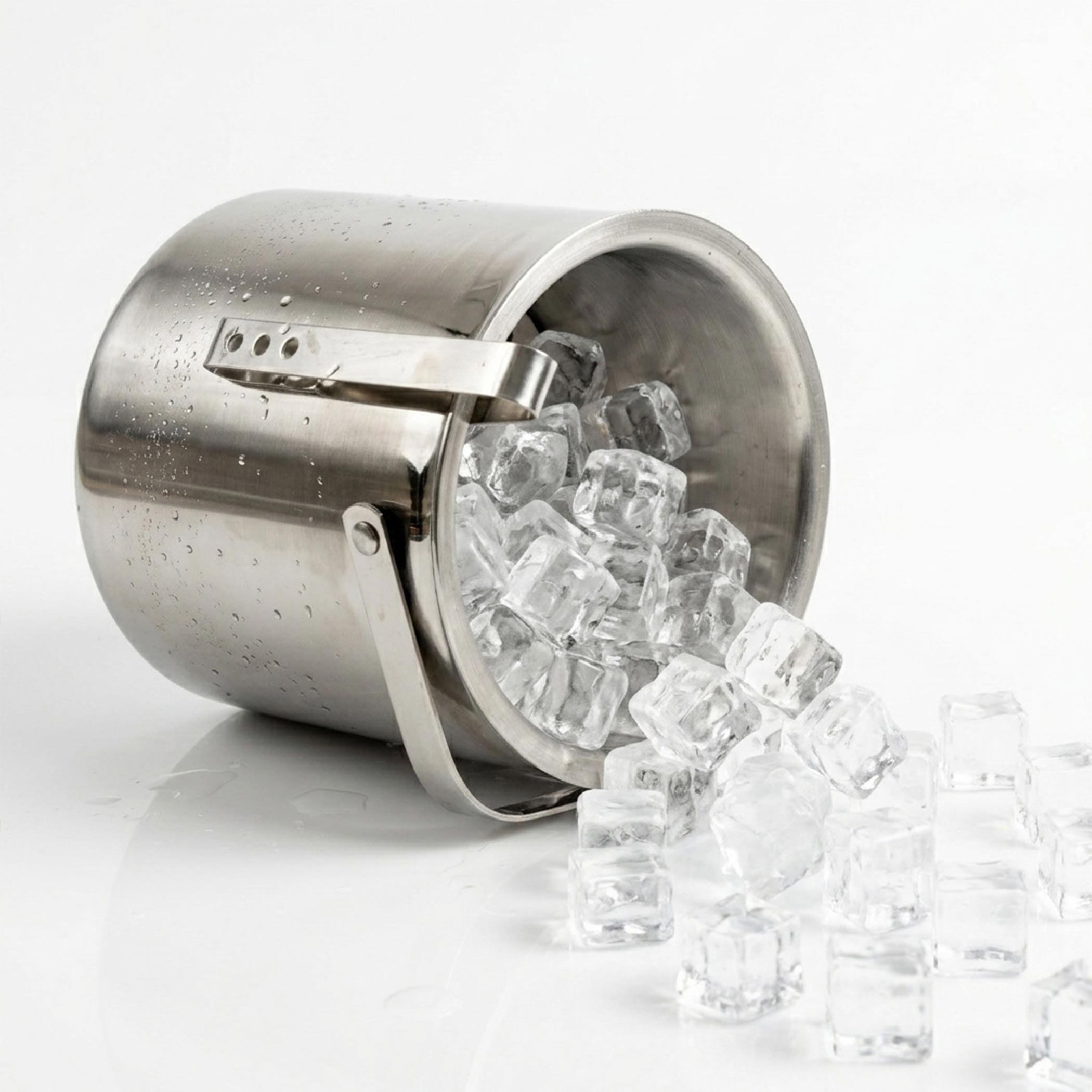 Edelstahl Eiskühler mit Deckel und Eiswürfelzange - 20 x 15 cm - Metall Eiswürfelbehälter mit Tragegriff