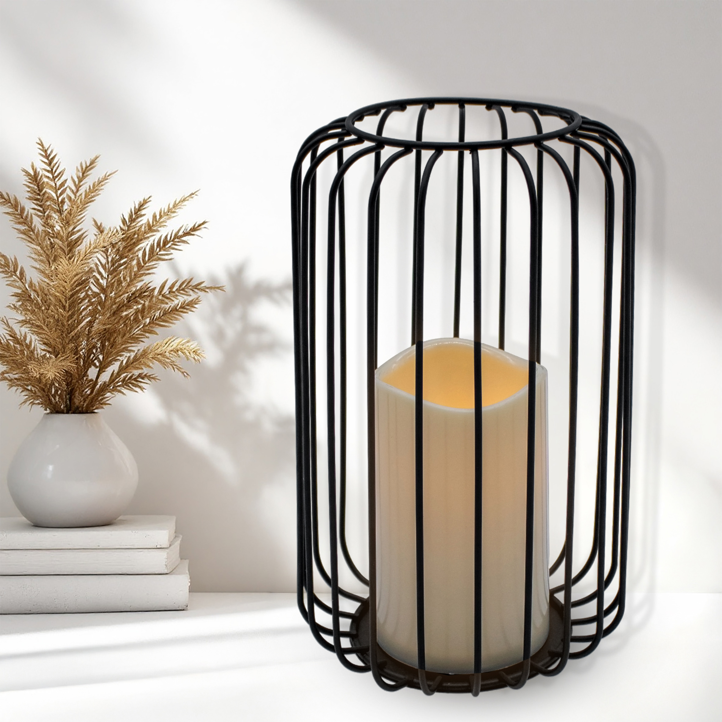 Metall Gitter Windlicht schwarz mit LED Kerze - 22 x 14 cm - Tisch Laterne warm weiß beleuchtet mit Timer