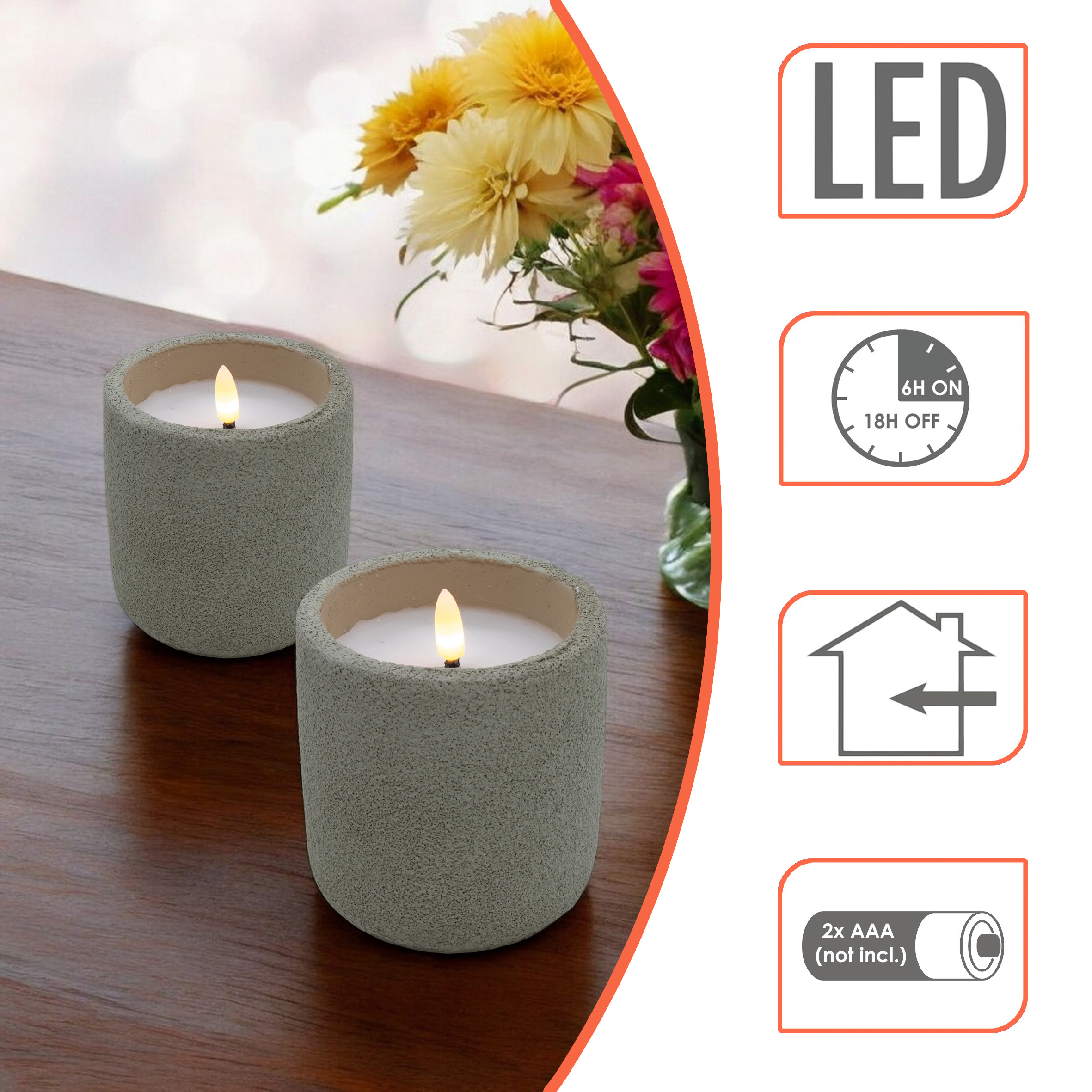 LED Keramik Kerze mit Beton Optik 10 x 9 cm - 2er Set - Künstliche Kerze Batterie betrieben mit Timer