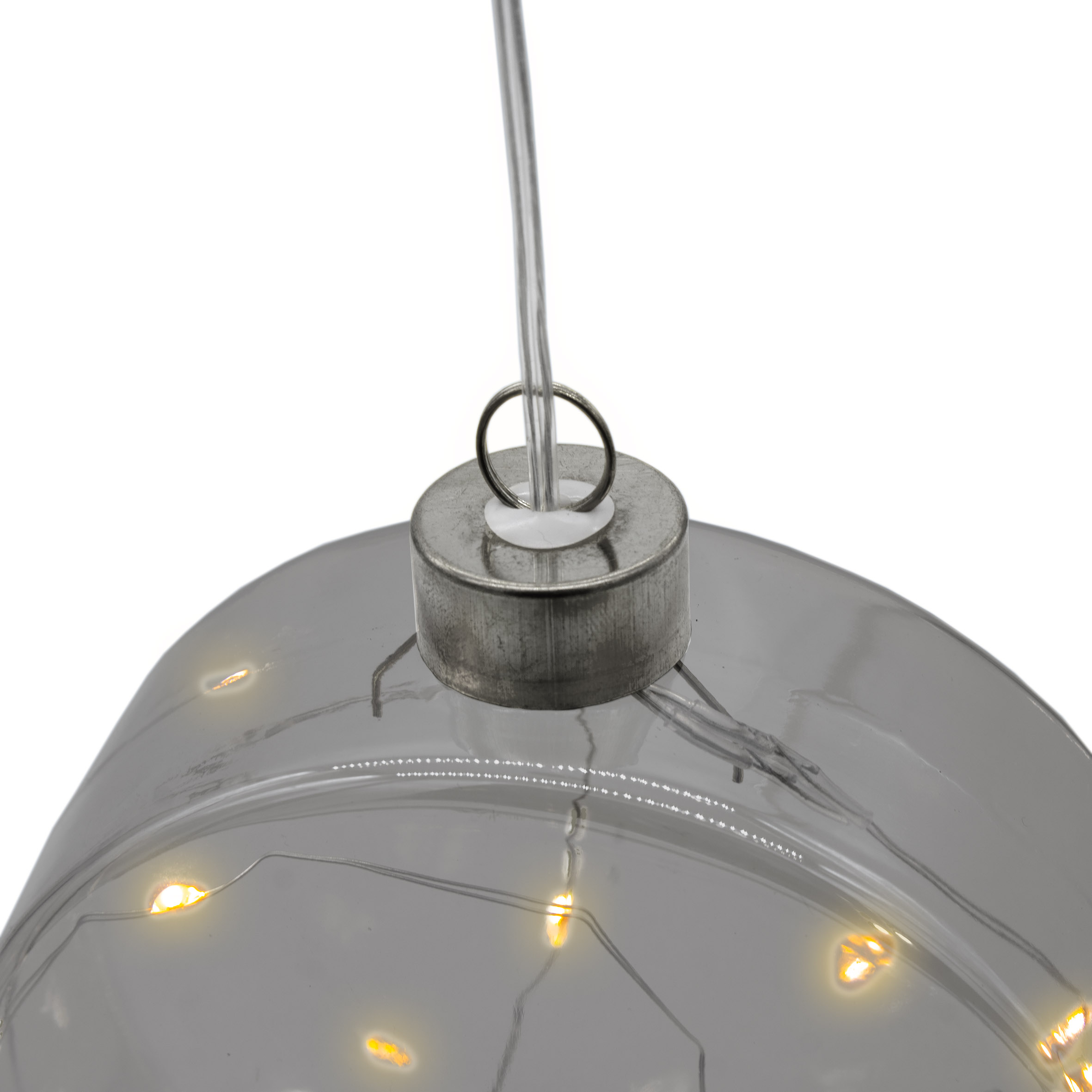 LED Glas Disc 12 cm warm weiß beleuchtet - transparent grau - Weihnachtsdeko Kugel Batterie betrieben mit Timer