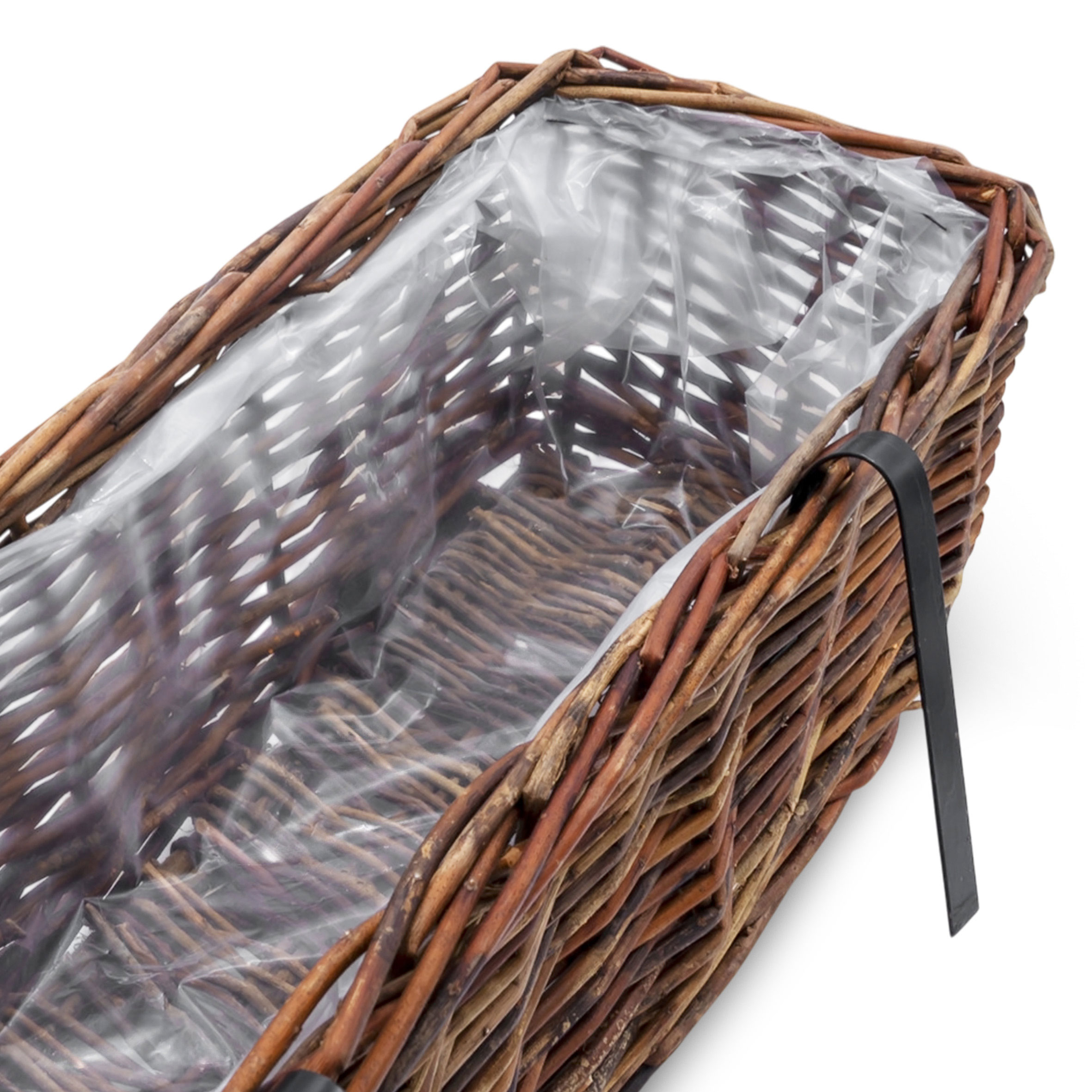 Rattan Balkonkasten eckig mit Folie natur dunkel - 60 x 19 cm - Rattan Blumenkasten mit Aufhängung für Geländer bis 3,5 cm
