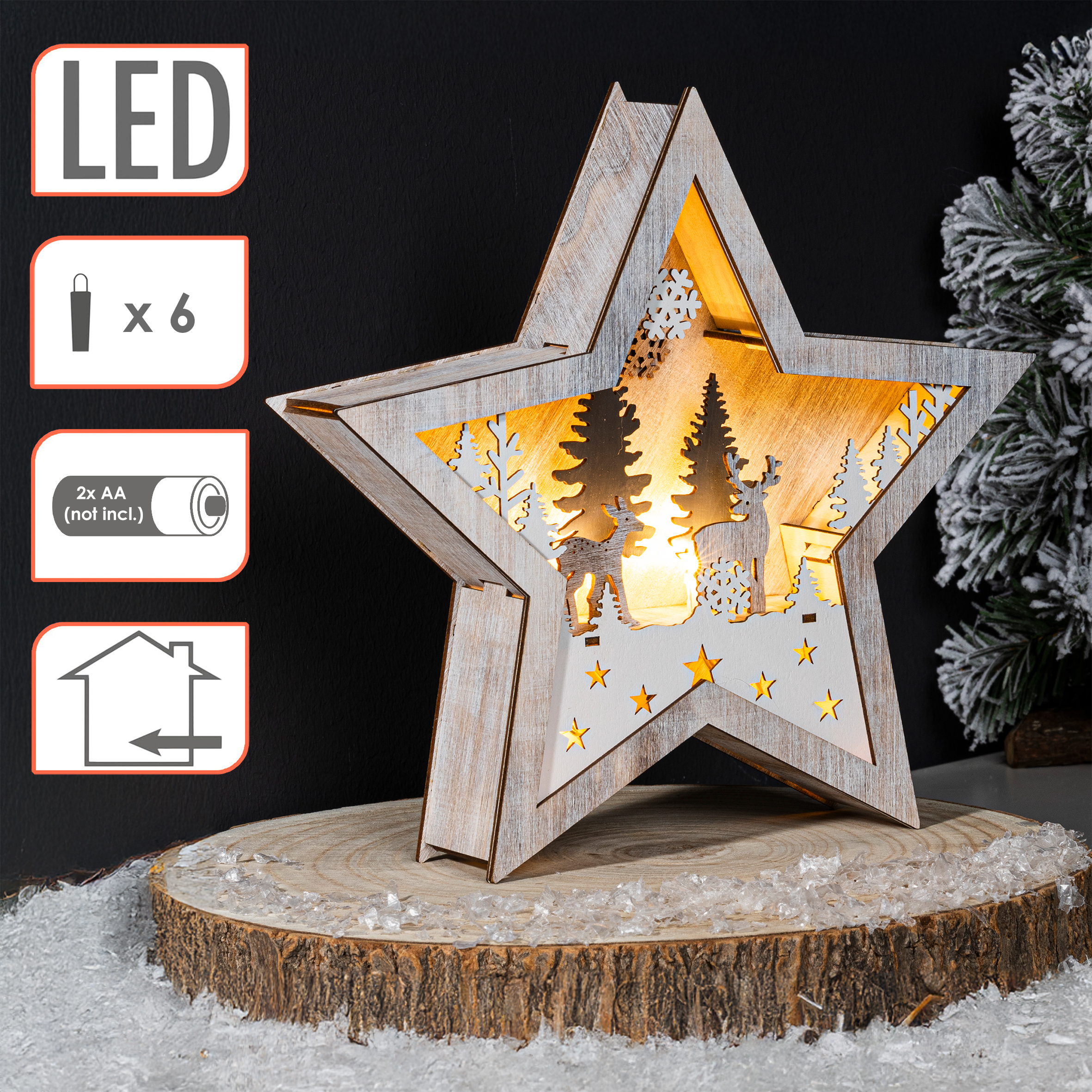 LED Weihnachts Stern aus Holz 25 cm - Rentier im Wald - Deko Aufsteller warm weiß beleuchtet