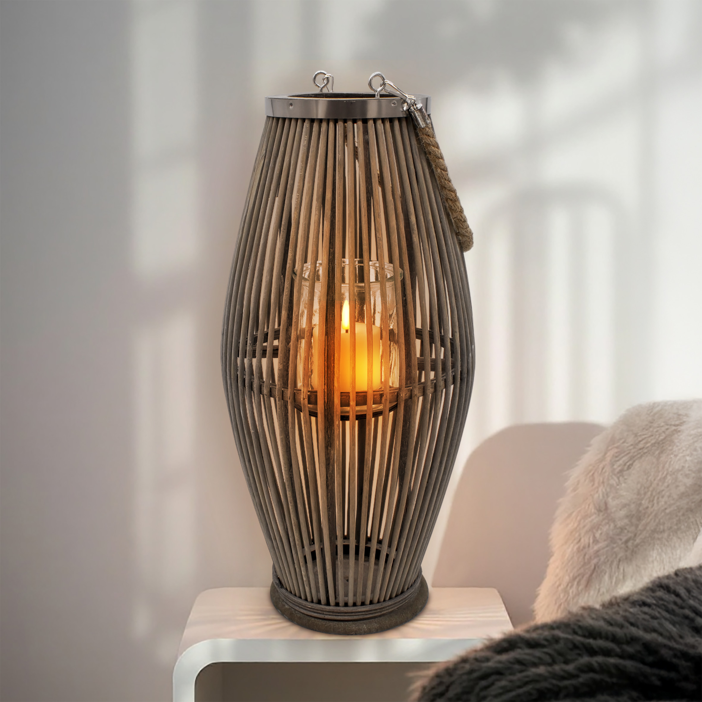 XXL Bambus Laterne shabby grau mit Kerzenglas - 50 x 24 cm - Holz Windlicht mit Jute Seil zum Hängen