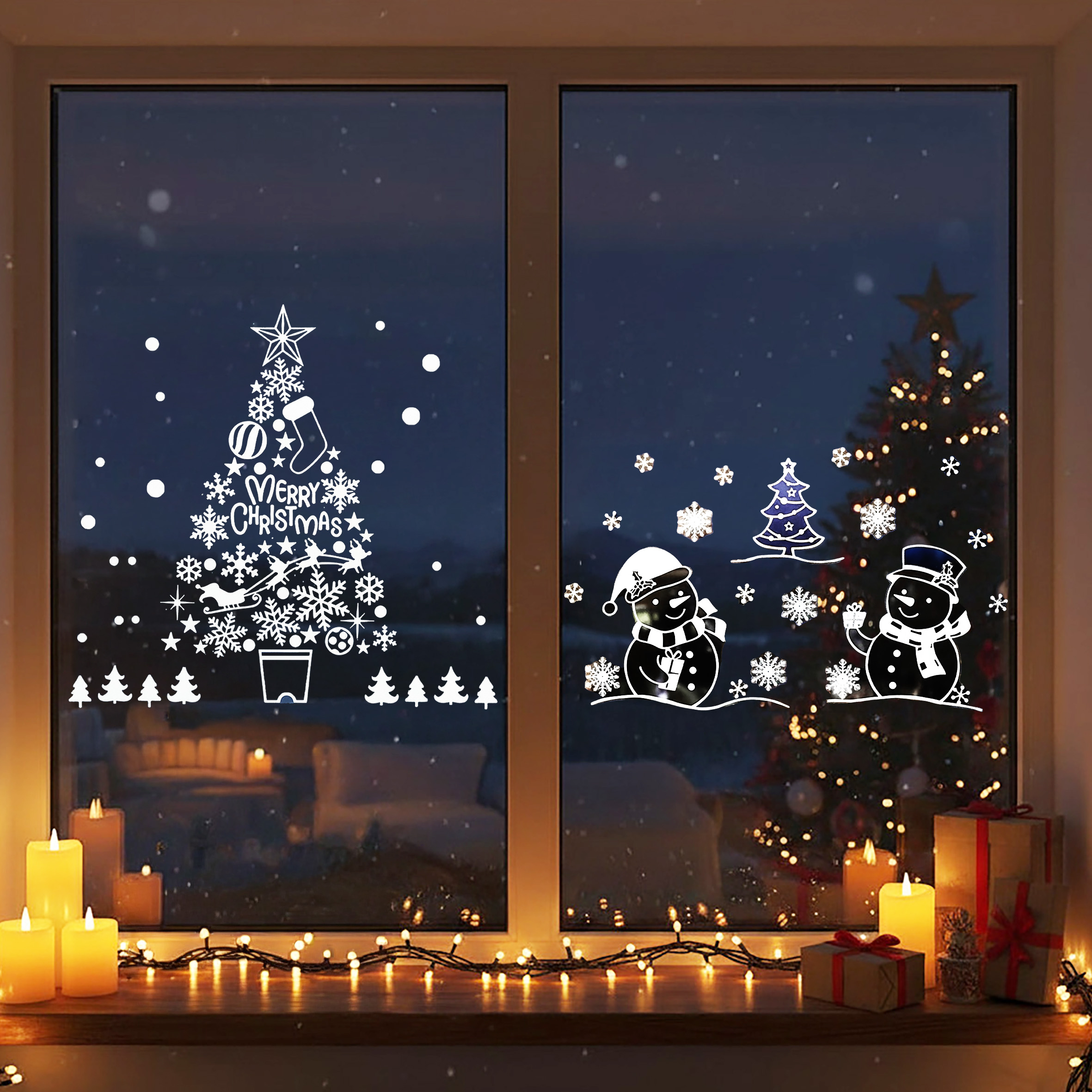 Weihnachts Fensterbilder selbstklebend 72 x 54 cm - 2er Set - Winter Fensteraufkleber Schneemann und Weihnachtsbaum
