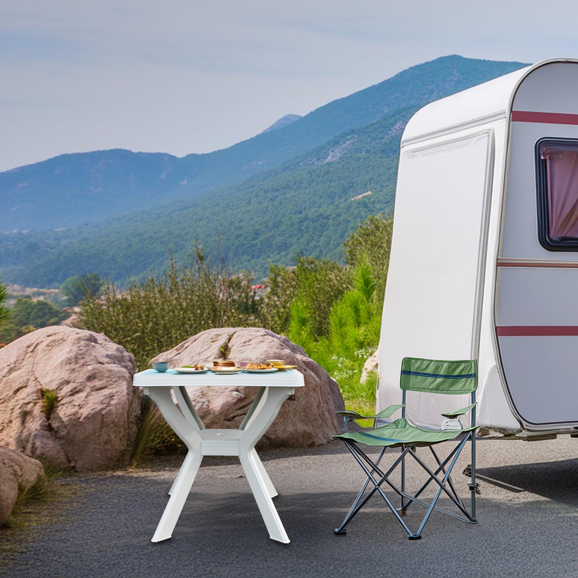Kunststoff Gartentisch quadratisch 70 cm - weiß - Campingtisch im klassischen Design