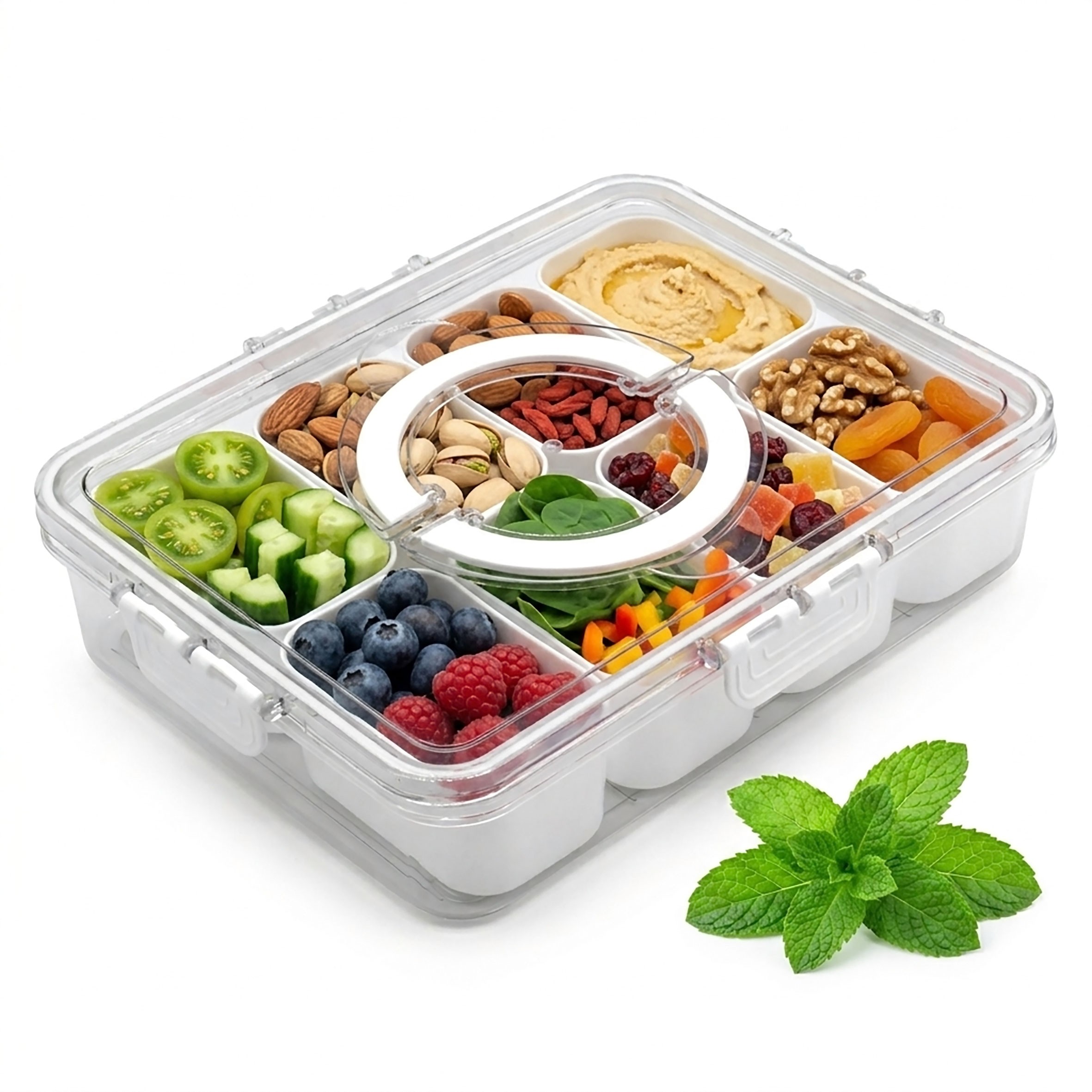Kunststoff Snackbox auslaufsicher mit 8 Schalen und Deckel - 31 x 24 cm - Snack Transportbox luftdicht mit 8 Fächern