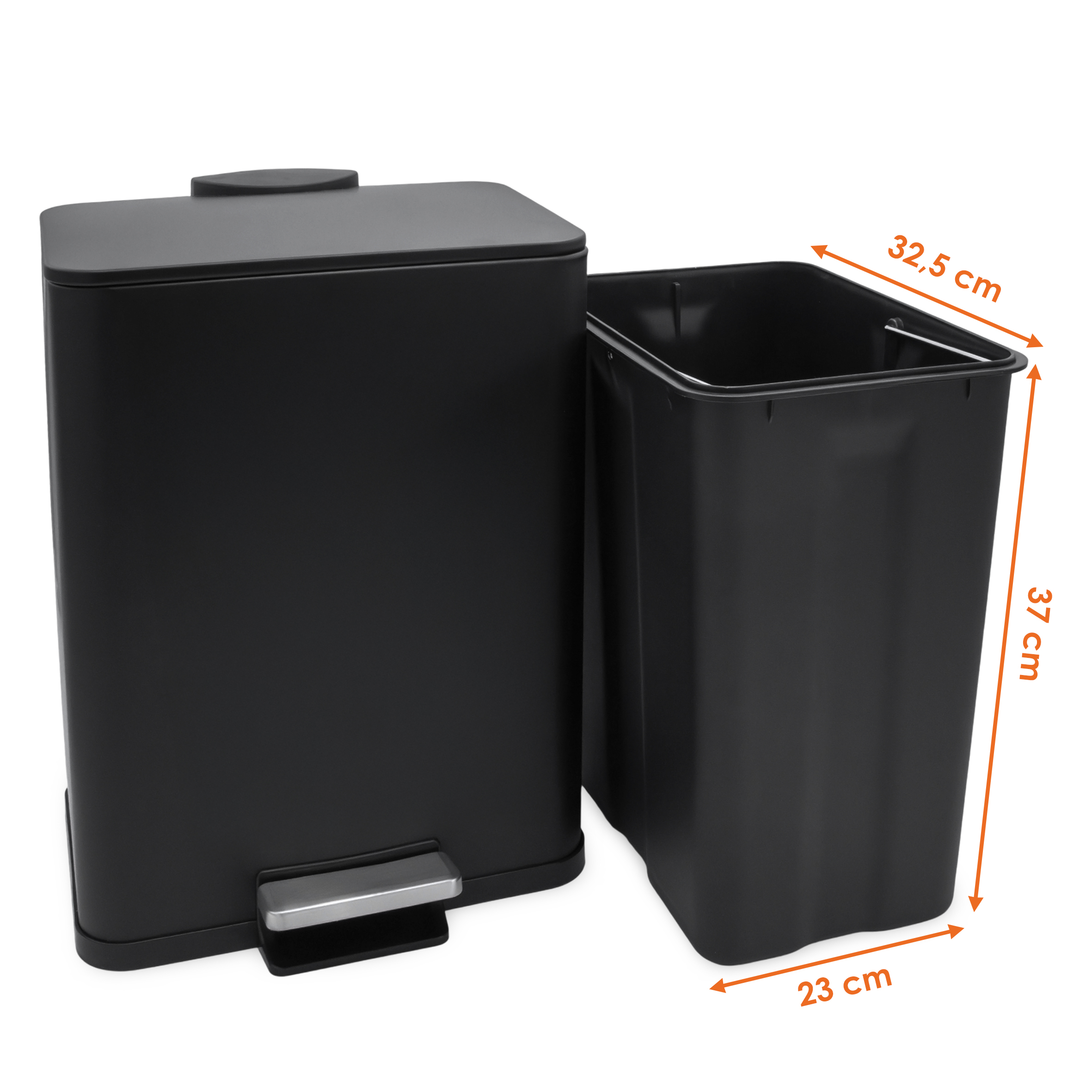 Edelstahl Tretmülleimer eckig schwarz matt 44 x 33 cm mit Deckel - 20 L - Metall Mülleimer mit Fußpedal und entnehmbarem Inneneimer