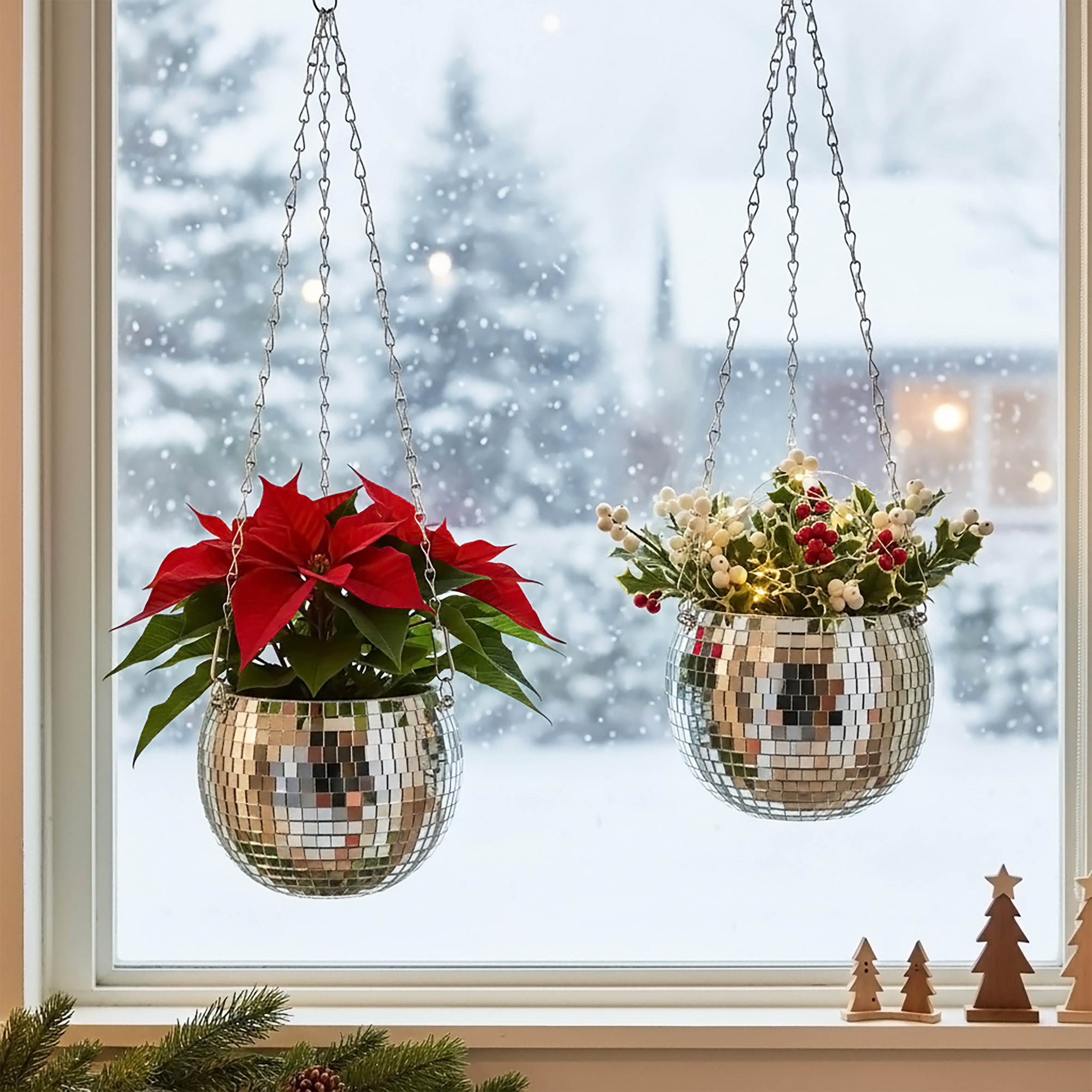 Hänge Pflanztopf im Discokugel Design 15 cm mit Metallkette - 2er Set - Blumenampel in Spiegelkugel Optik zum Aufhängen