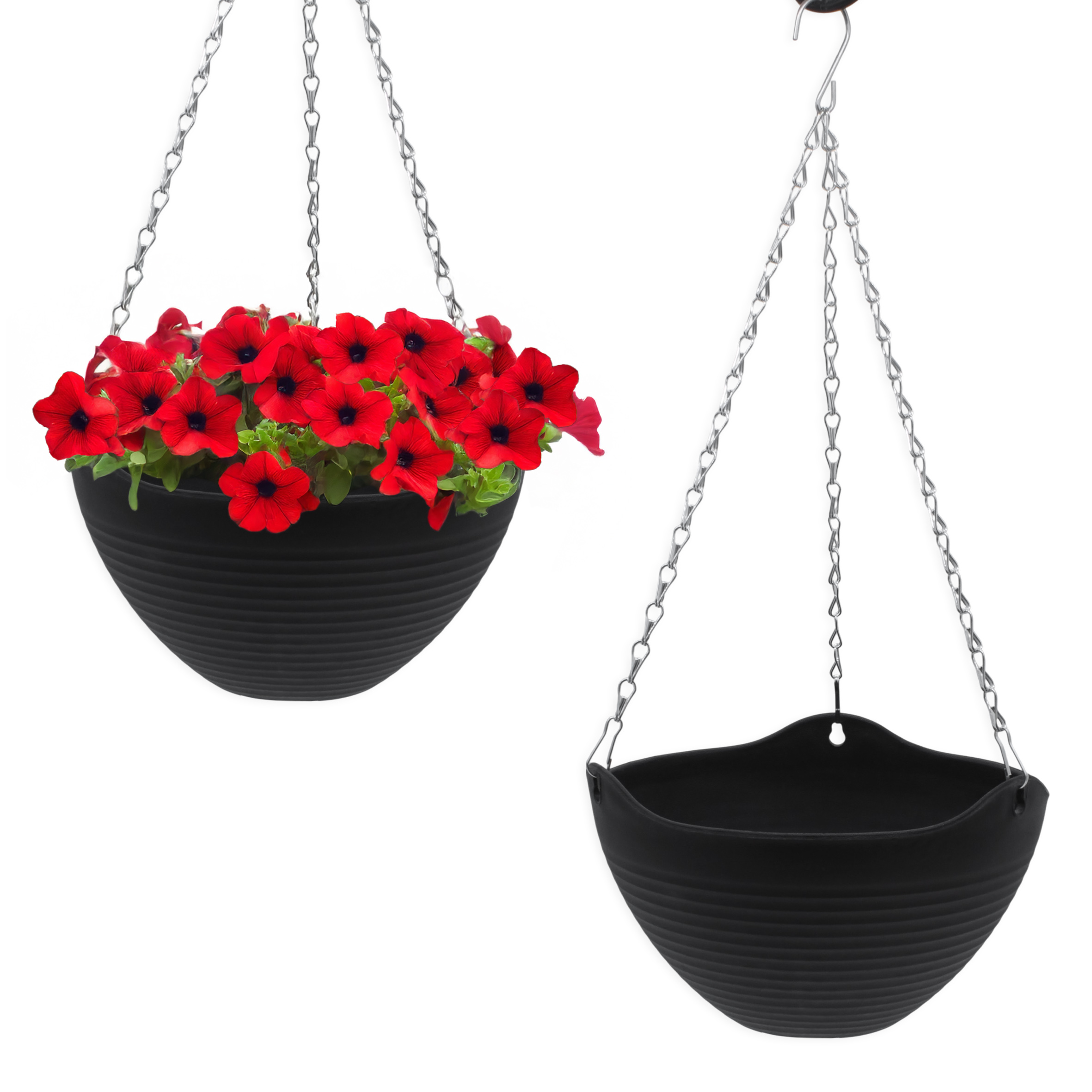 Blumenampel anthrazit mit Rillen Struktur 25 cm - 2er Set - Kunststoff Hängeampel mit Ablauf und Metallkette