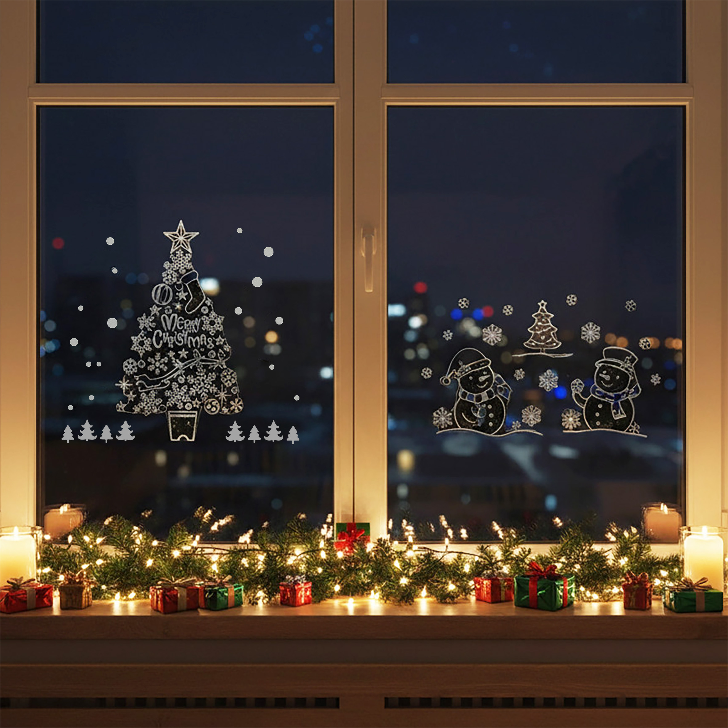 Weihnachts Fensterbilder selbstklebend 72 x 54 cm - 2er Set - Winter Fensteraufkleber Schneemann und Weihnachtsbaum