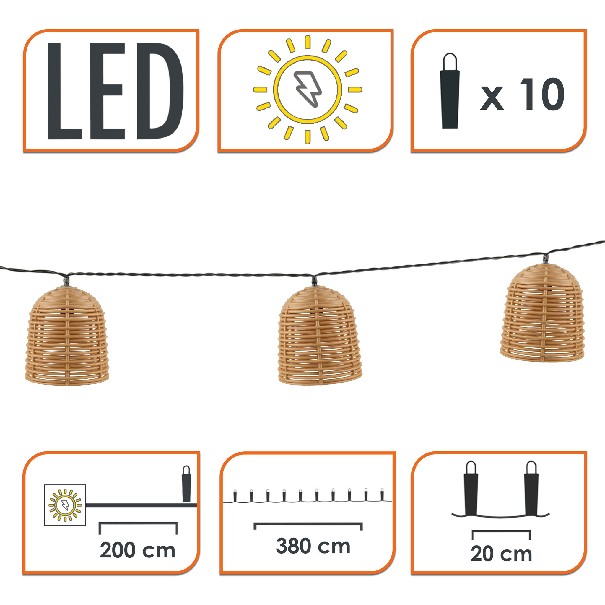 LED Solar Lichterkette 10 Lampions in Rattan Optik mit 7 Funktionen - 380 cm - LED Garten Deko Beleuchtung warm weiß