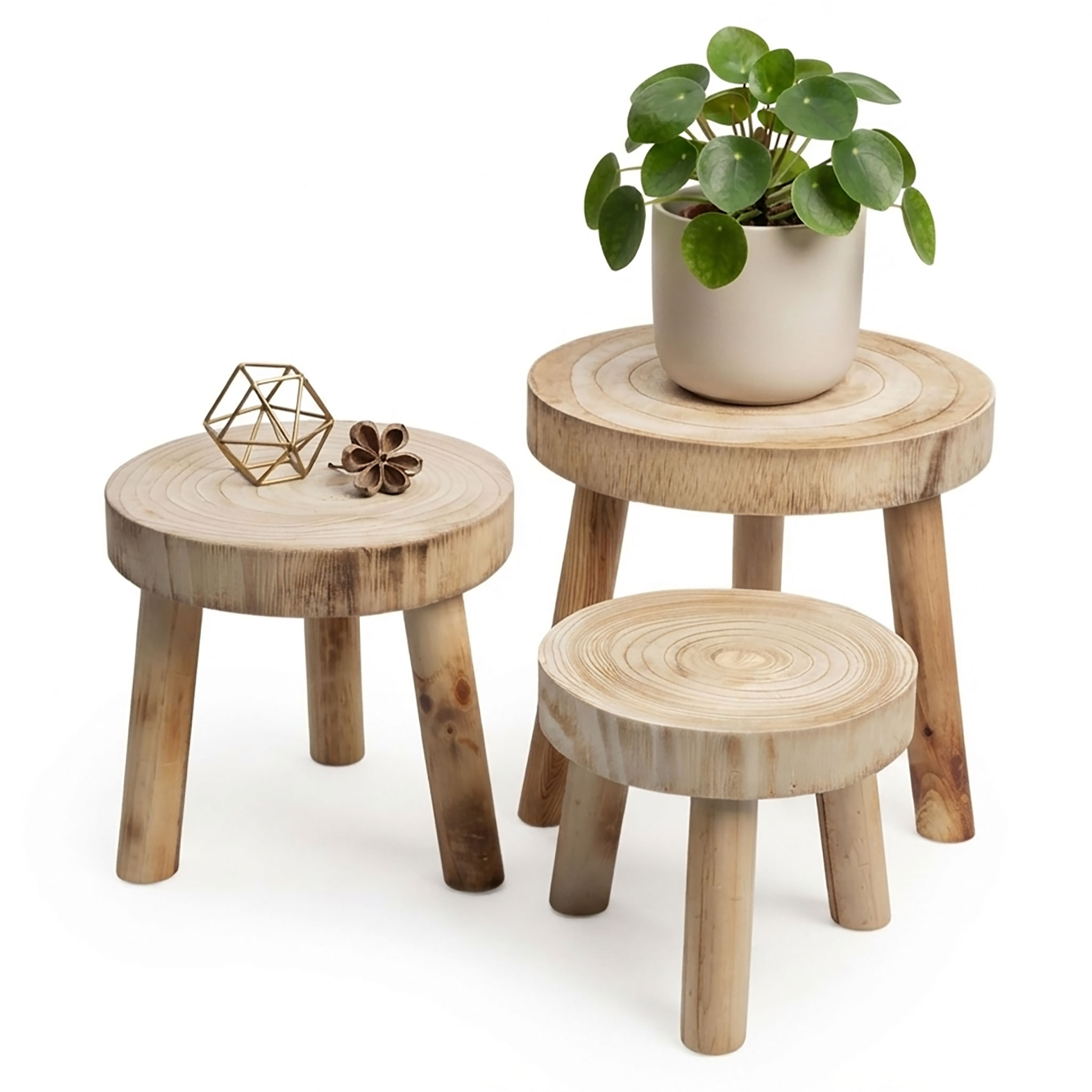 Holz Blumenhocker mit 3 Beinen braun 3er Set  - 32 / 26 / 22 cm - Massivholz Deko Pflanzenständer rund