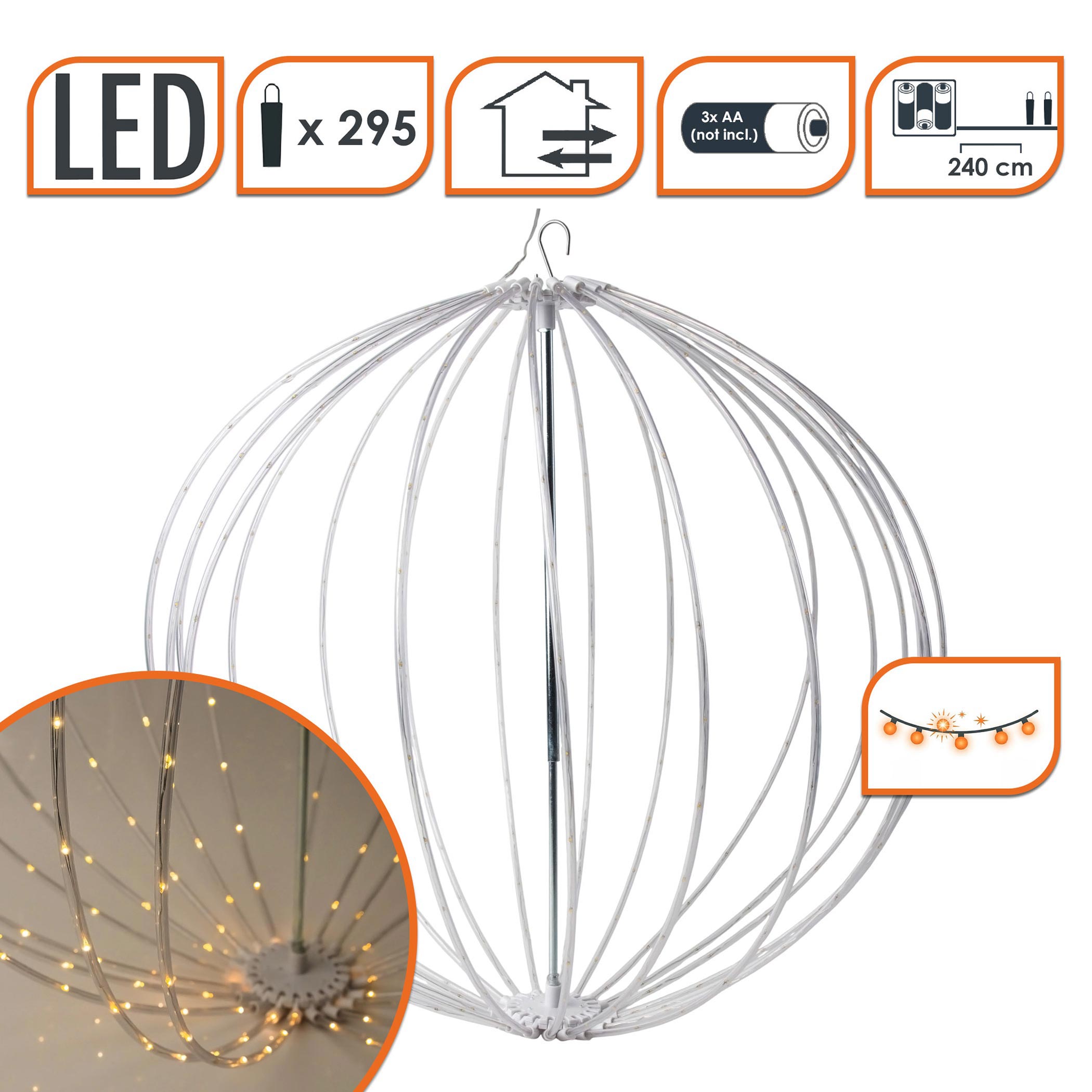 Leuchtball 50 cm transparent mit Twinkle Effekt für Außen - 295 LEDs - Leuchtkugel mit Flashing Lights in warm weiß batteriebetrieben