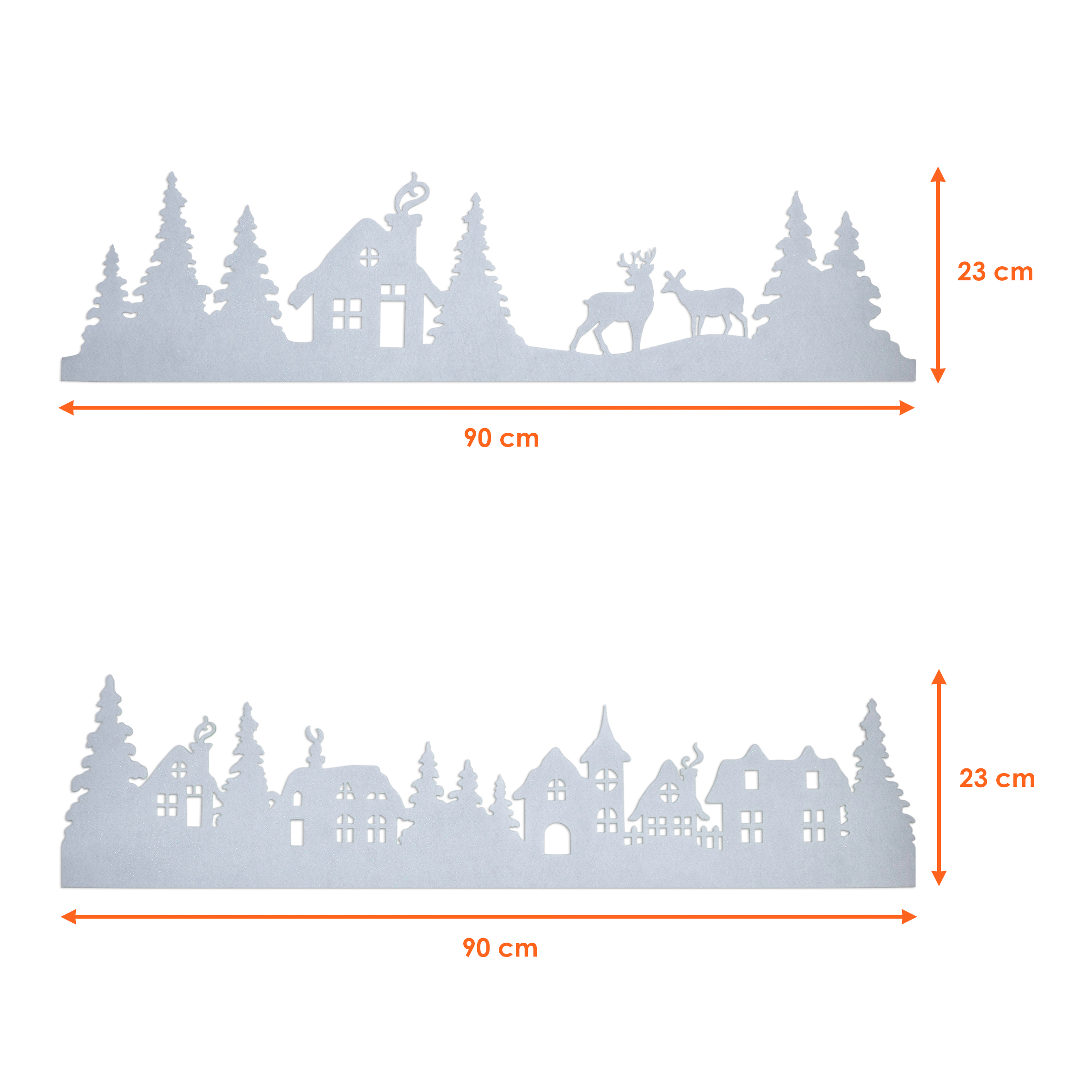 Filz Fensterbild Winterlandschaft 90 x 23 cm - 2er Set - Stoff Weihnachtsdorf Skyline mit Klebestreifen