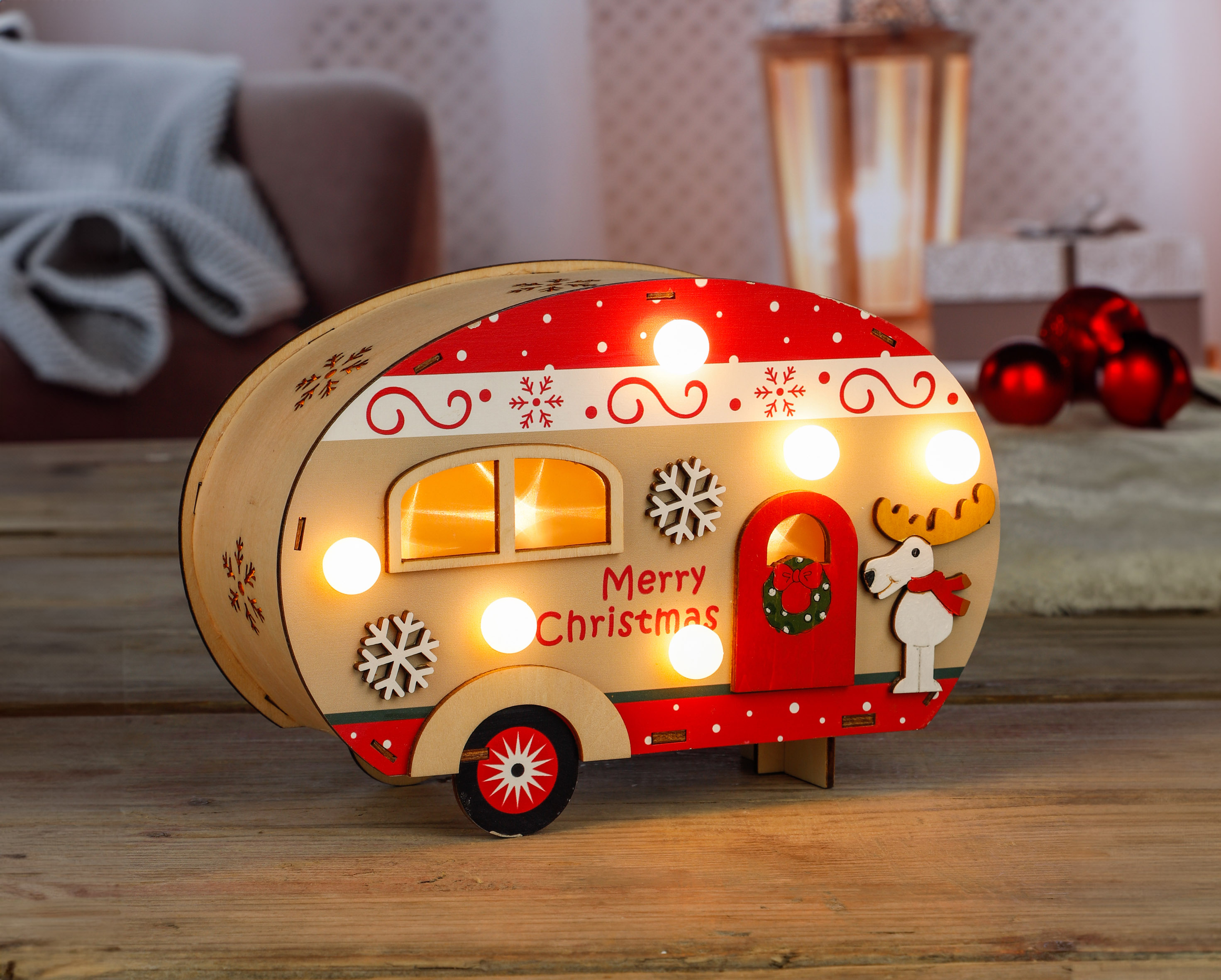 LED Deko Wohnwagen aus Holz mit Beleuchtung - 21 x 14 cm - Weihnachts Caravan mit 10 LED in warm weiß