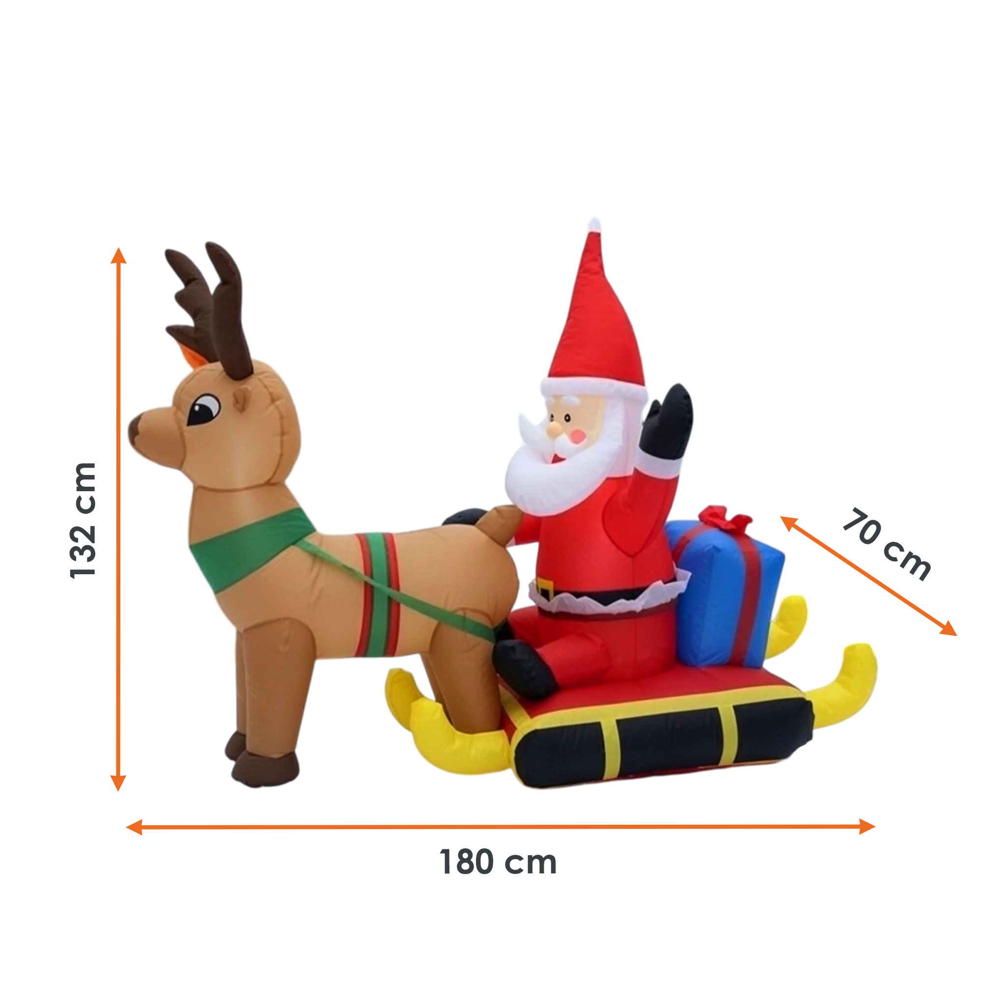 Aufblasbarer XL Rentierschlitten mit LED Beleuchtung und Stecker für Außen und Innen - 200 x 130 cm - Riesen Weihnachtsfigur selbstaufblasend bunt beleuchtet